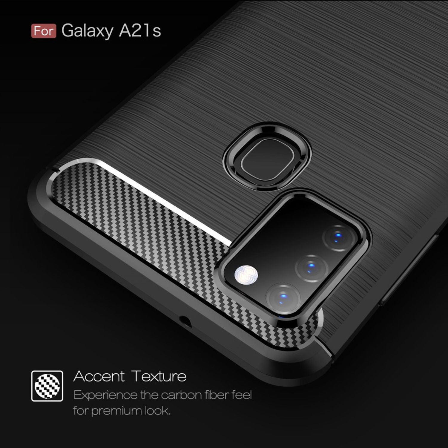 Eine schwarze Handyhülle für ein Galaxy A21s mit strukturierter Oberfläche und Kamera.