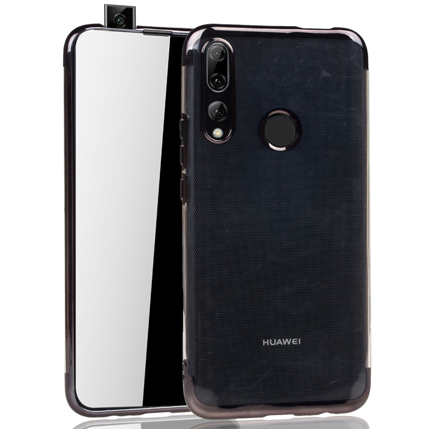 Eine Handyhülle und ein Telefon. Die Hülle ist dunkelblau, das Telefon hat einen Displayschutz.
