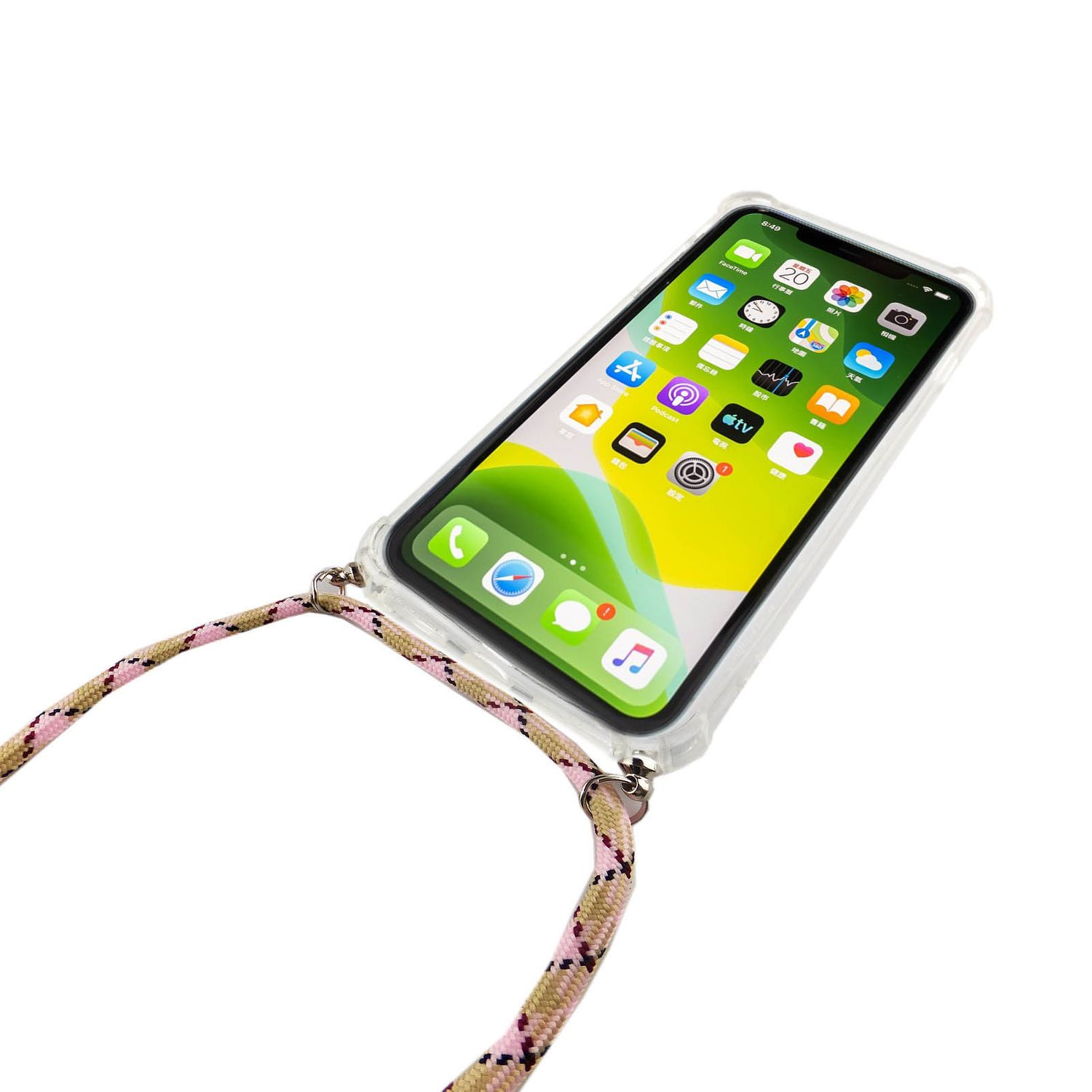 Telefon mit klarer Hülle und rosa-beigem Band. Der Bildschirm zeigt Apps.