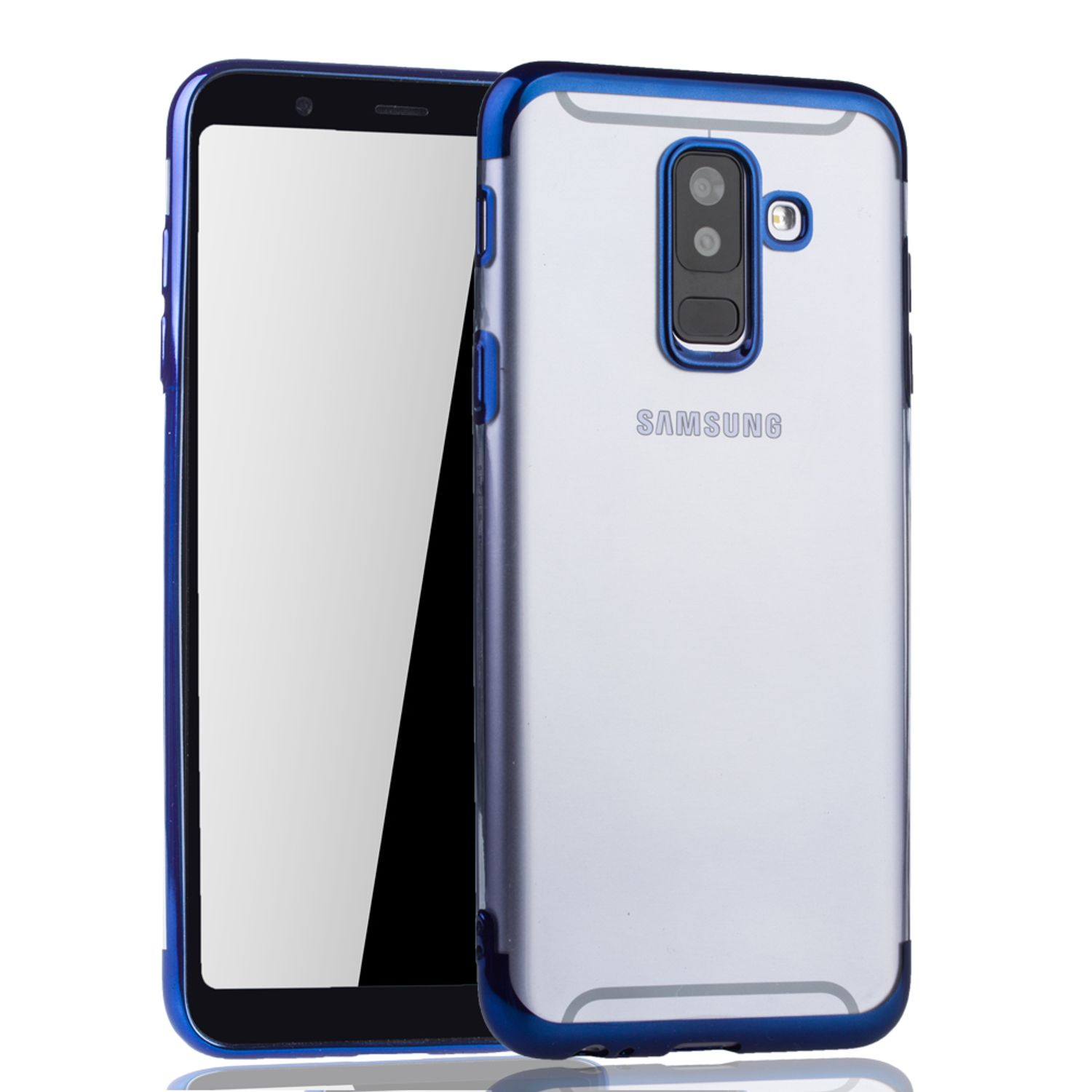 Ein Telefon mit einer blauen und transparenten Hülle. Der Bildschirm ist hell und weiß.