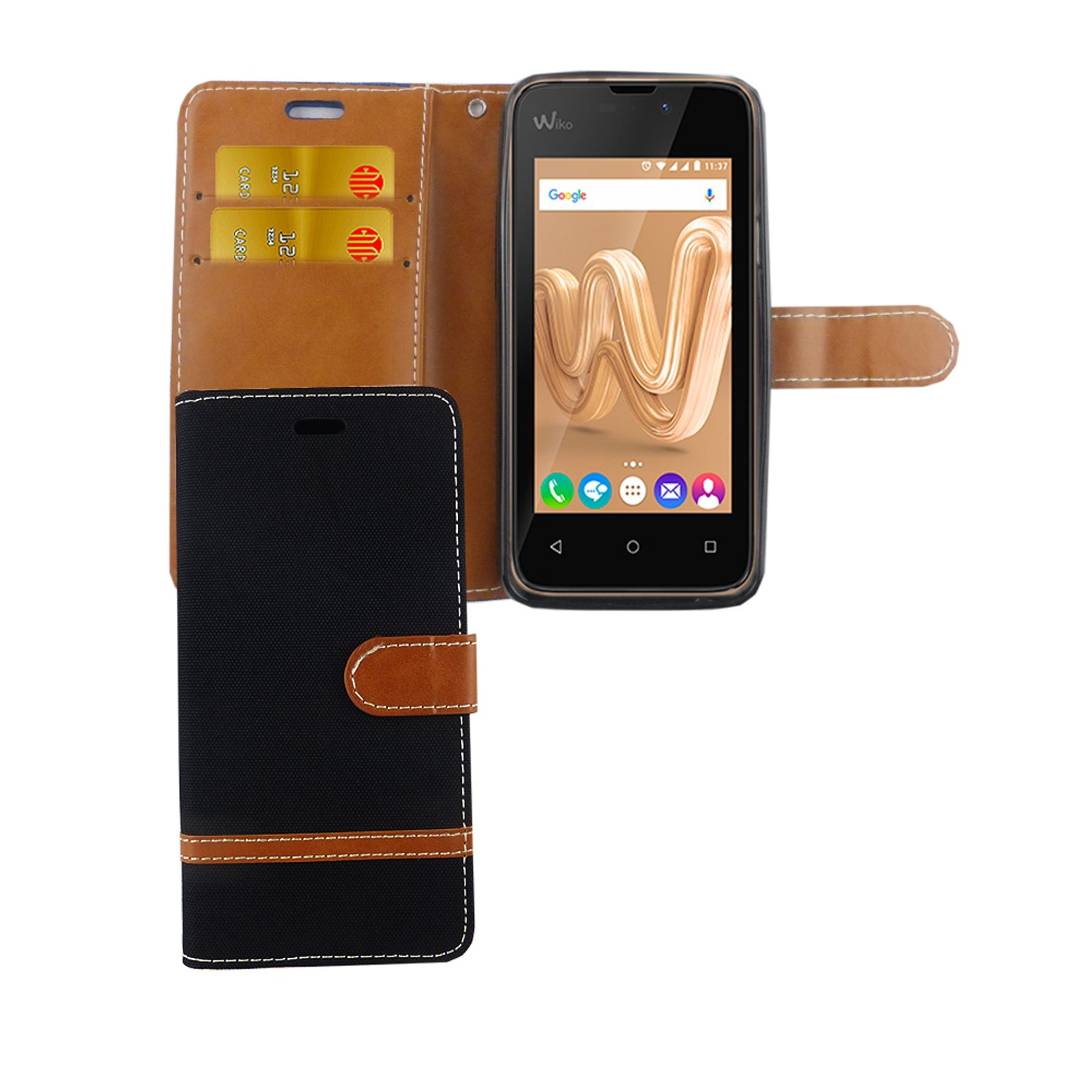 Wiko-Telefon in offener brauner Hülle mit Karten. Schwarze Hülle links.