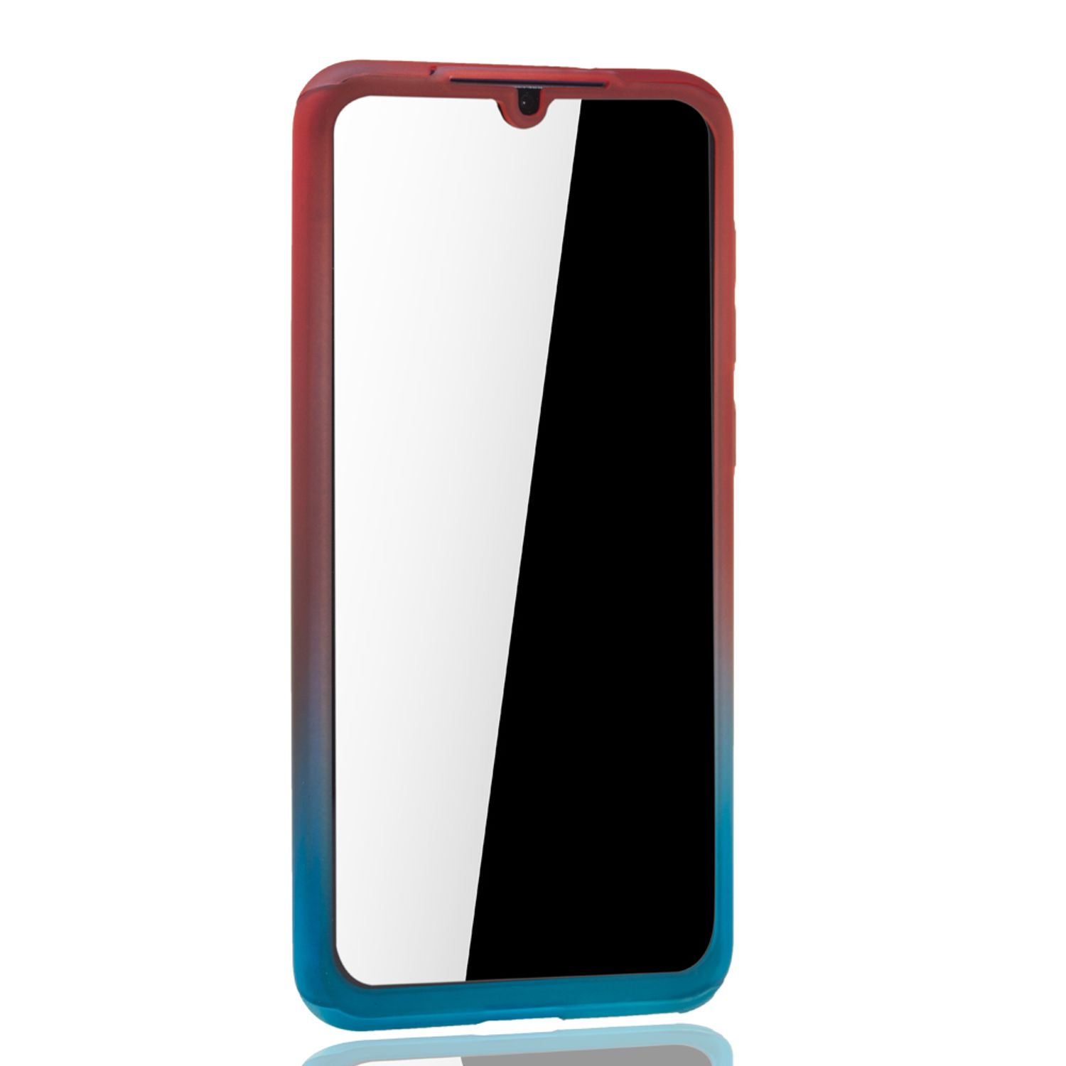 Telefon in rot-blauem Farbverlauf-Case. Bildschirm ist sichtbar. Case hat einen Rahmen.