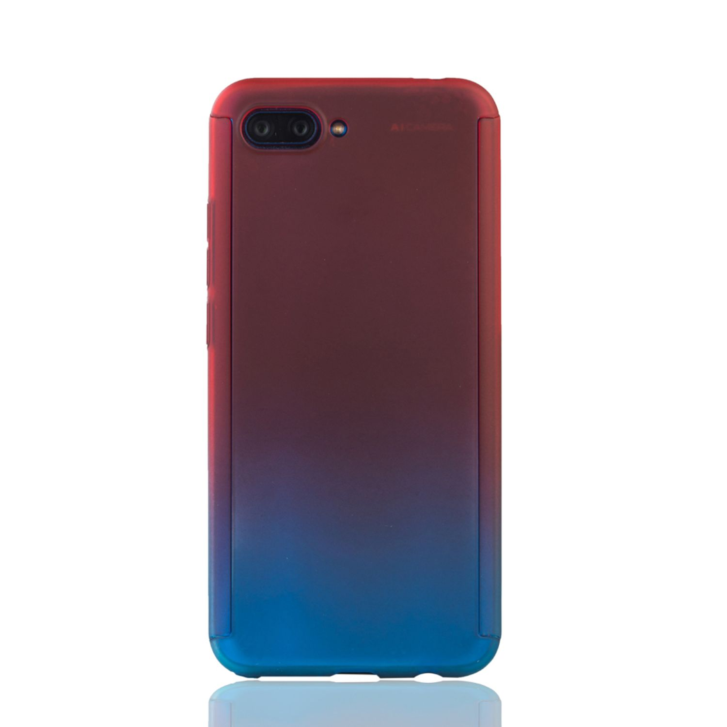 Ein farbverlaufendes Handycase, rot nach blau. Kamera und Seitentasten. Weißer Hintergrund.