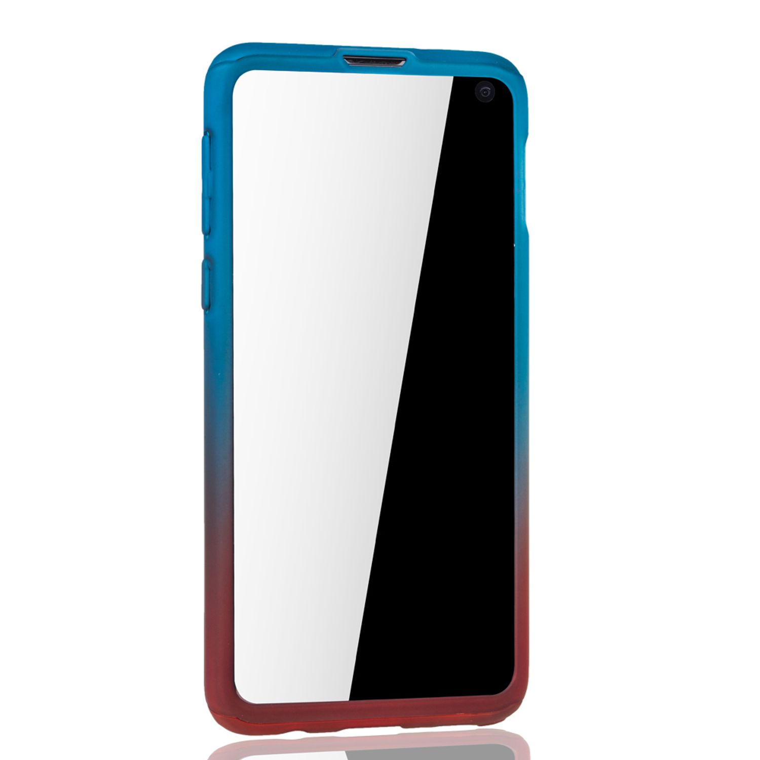 Rot-blauer Farbverlauf-Telefon, reflektierender Bildschirm. Weißer Hintergrund.