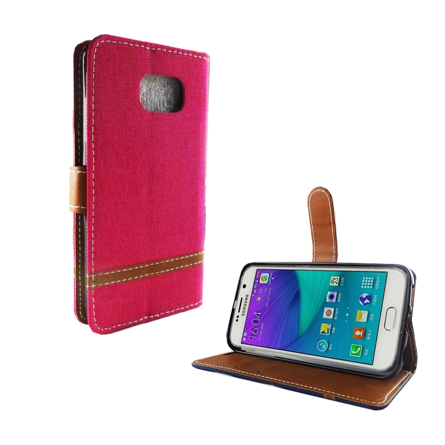 Rosa Handyhülle offen, Telefon innen und geschlossen. Brauner Riemen. Weißer Hintergrund.