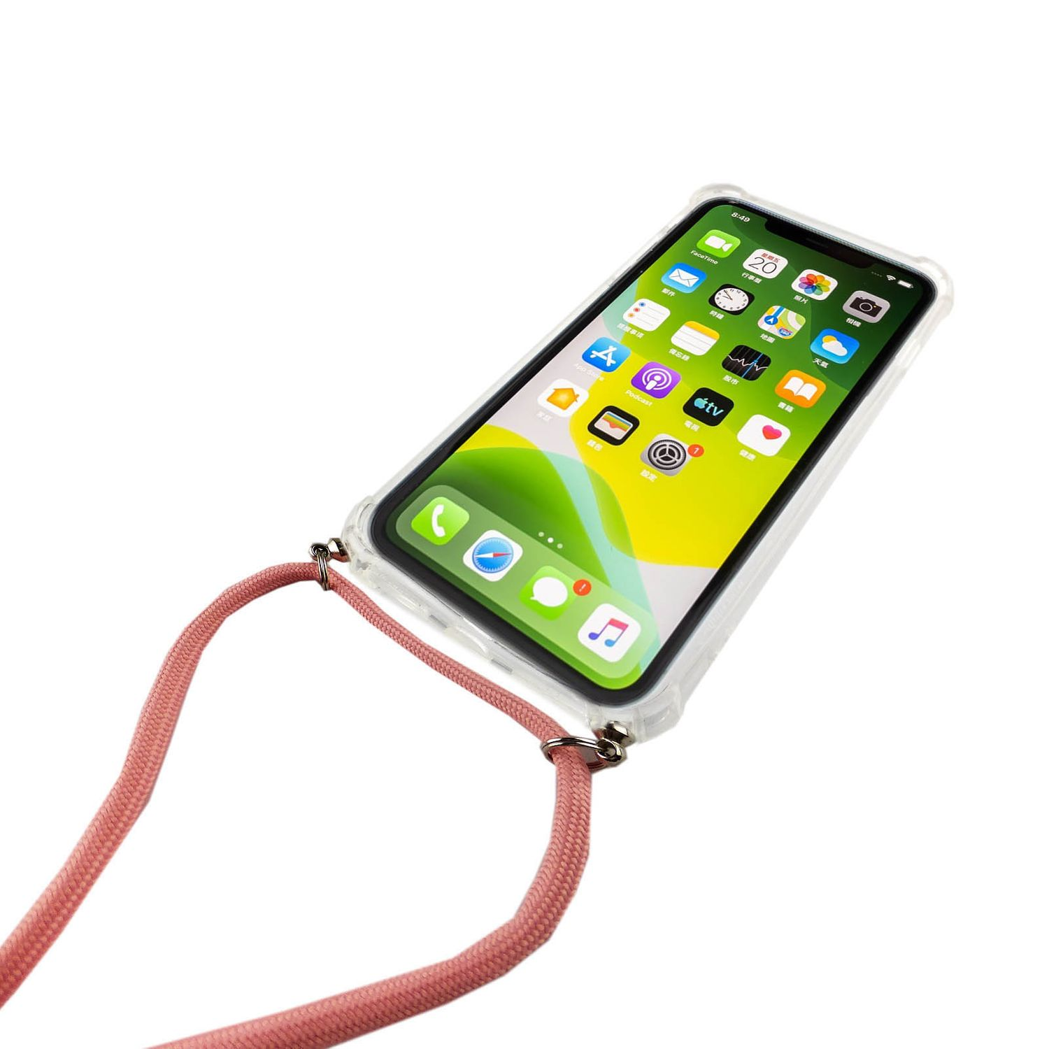 Telefon mit transparentem Gehäuse und pinkfarbenem Umhängeband. Der Bildschirm zeigt App-Symbole.