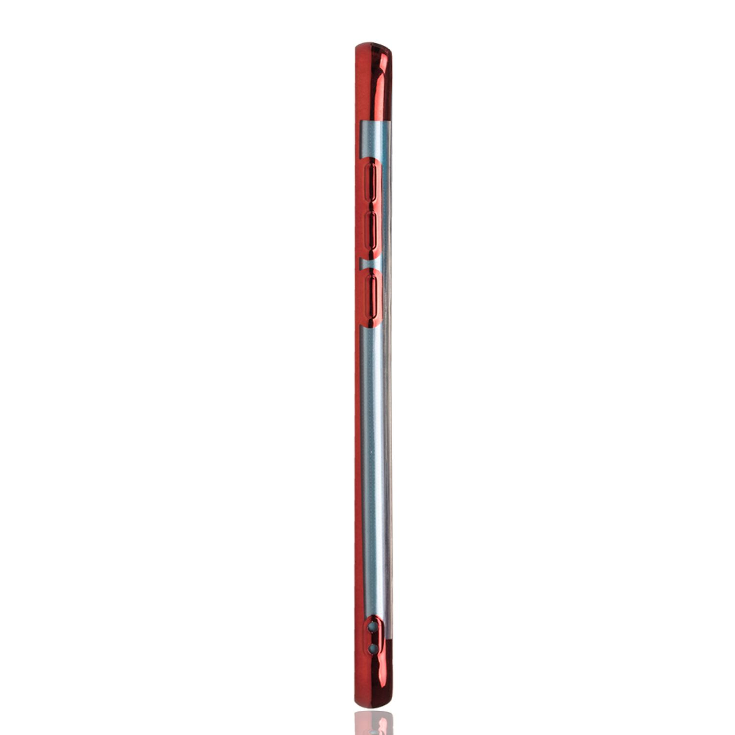 Seitenansicht einer Handyhülle, rot-silbernes Metallic-Finish, drei Seitentasten sichtbar.