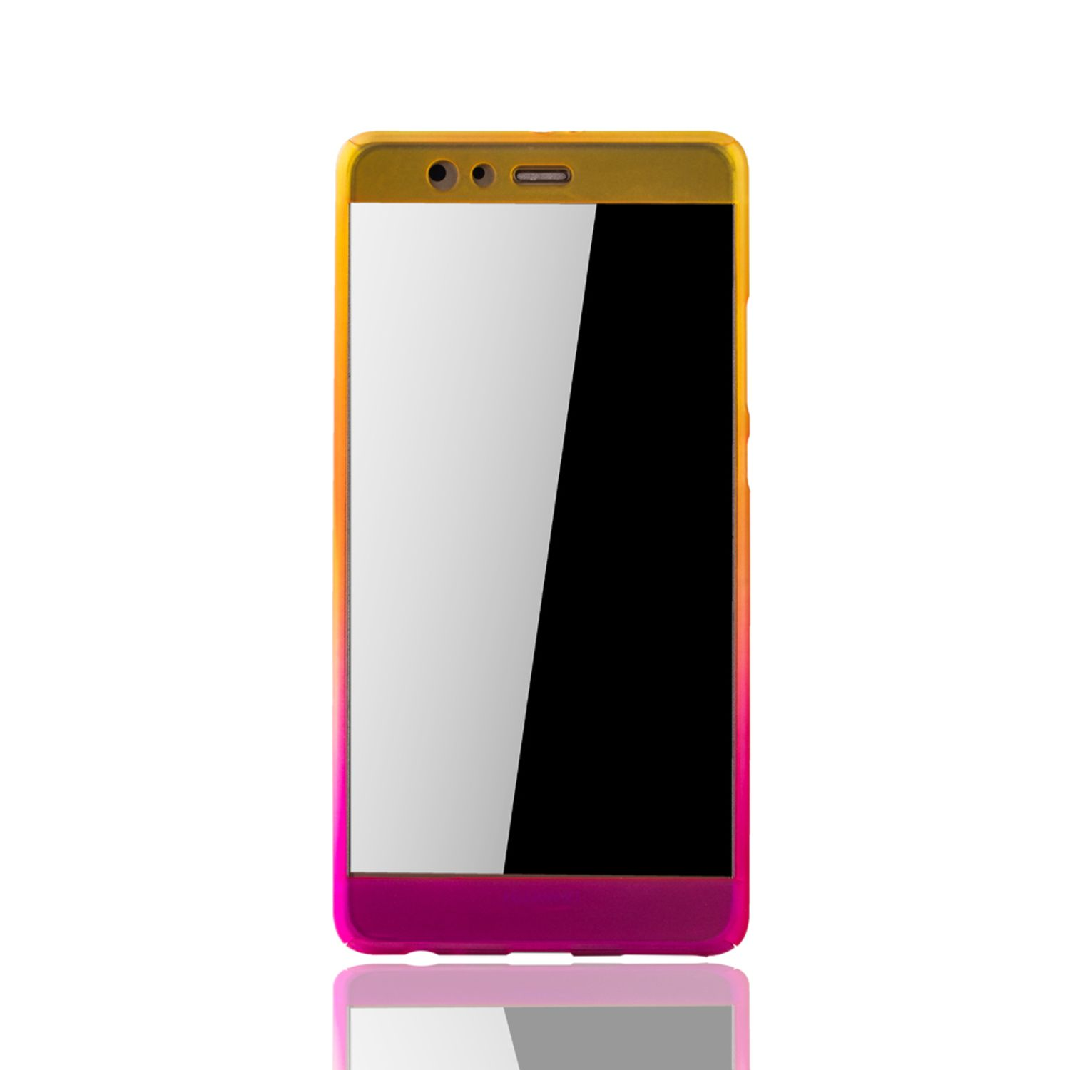 Smartphone mit Ombre-Hülle, weißer Bildschirm. Das Telefon liegt auf weißem Hintergrund und spiegelt sich.