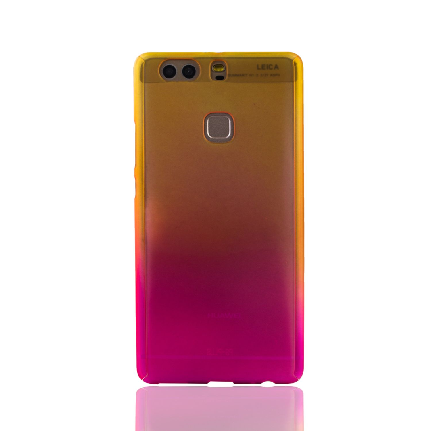 Eine Handyhülle mit einem orange-rosa Farbverlauf. Die Oberseite hat eine Kamera und das LEICA-Logo.