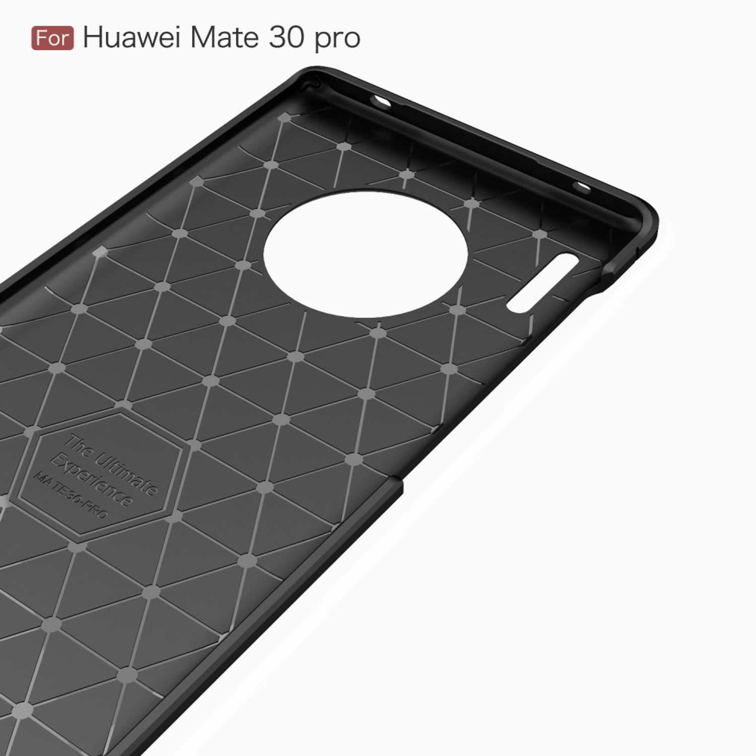 Schwarze Handyhülle für Huawei Mate 30 pro. Sie hat einen runden Ausschnitt für die Kamera und ein geometrisches Muster.