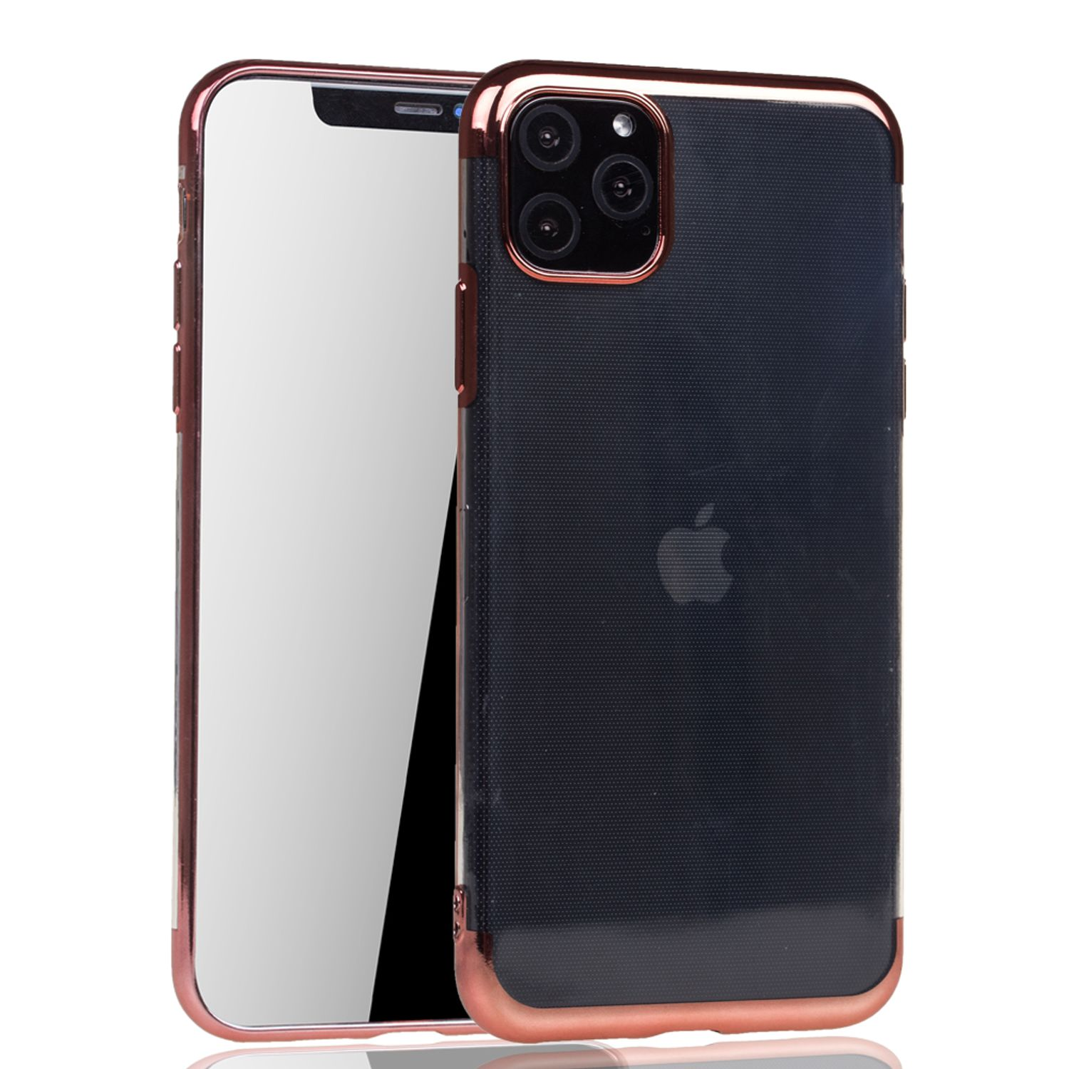 Handyhülle mit klarem Rücken und roségoldenen Kanten. Telefon vorne, weißer Hintergrund.