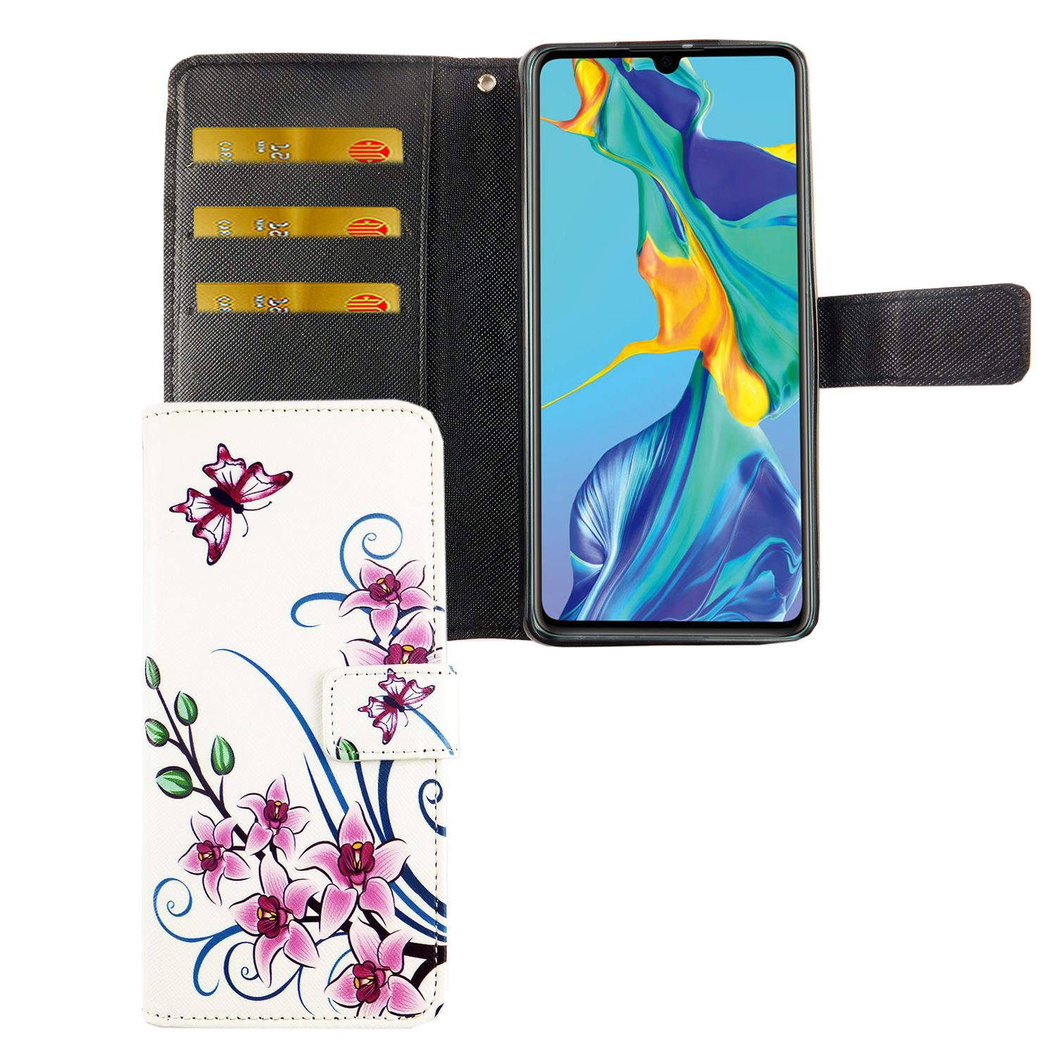 Weiße Handyhülle mit rosa Blumendesign, ein Telefon und Kartenfächer.