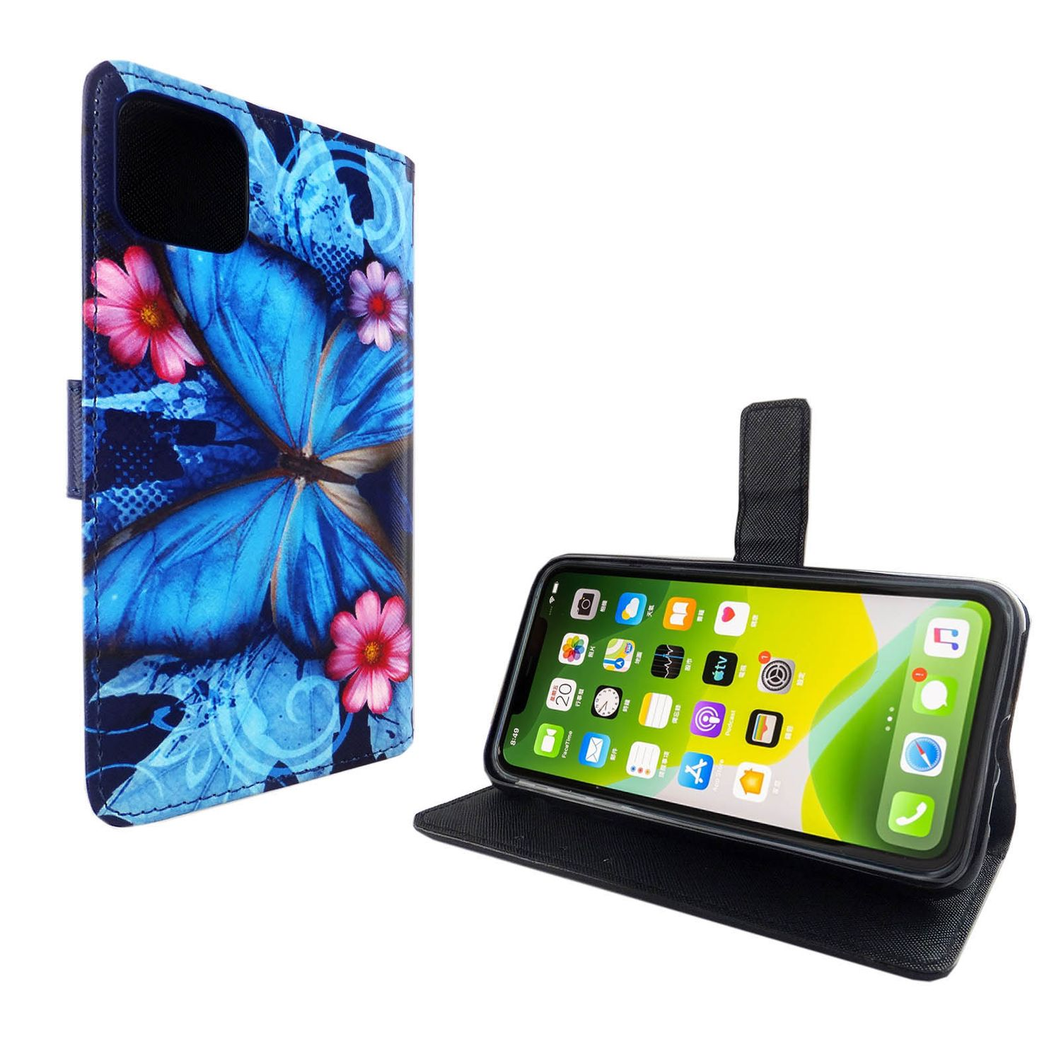 Handyhülle mit Schmetterlingsdesign. Das Telefon ist darin. Weißer Hintergrund.