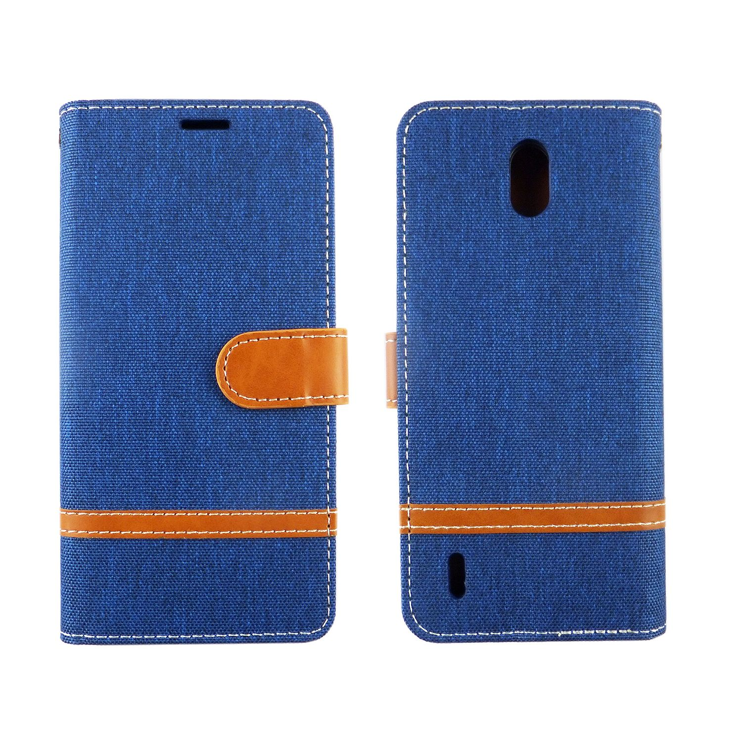 Blaue Handyhülle mit braunem Riemen und Buchdesign. Zwei verschiedene Ansichten werden gezeigt.
