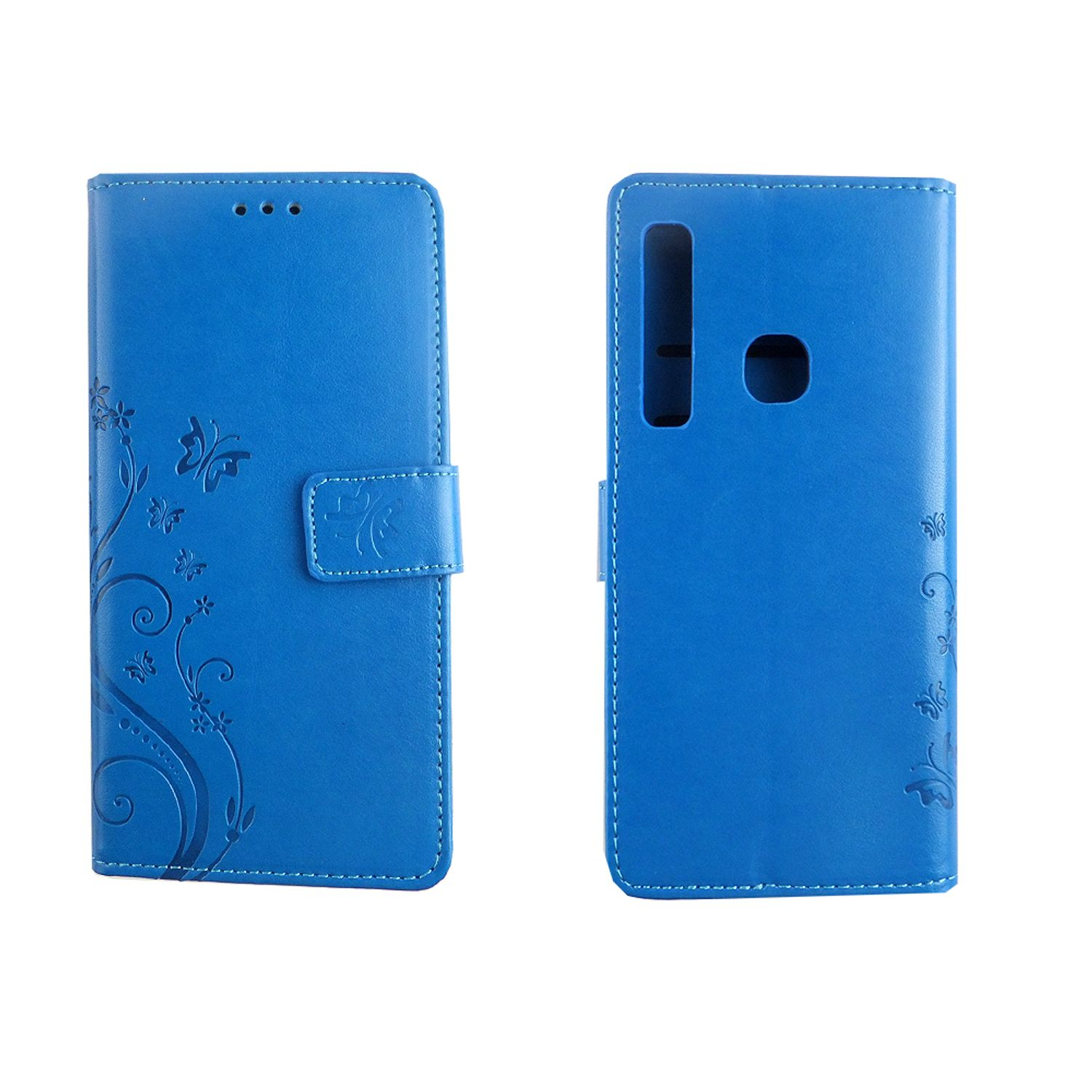 Blaue Handyhülle offen, mit Blumendesign und Telefon darin.