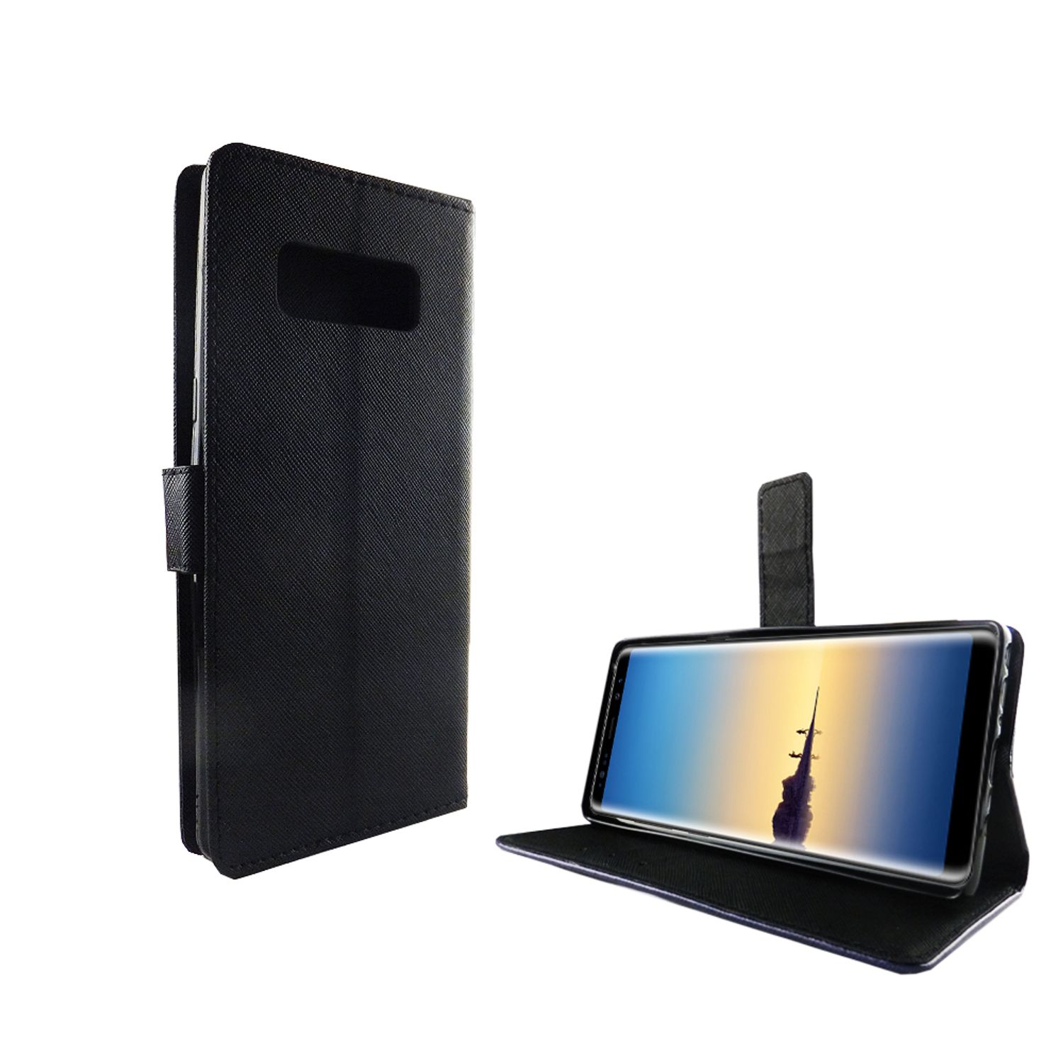 Schwarze Leder-Handyhülle offen mit einem Telefon darin.