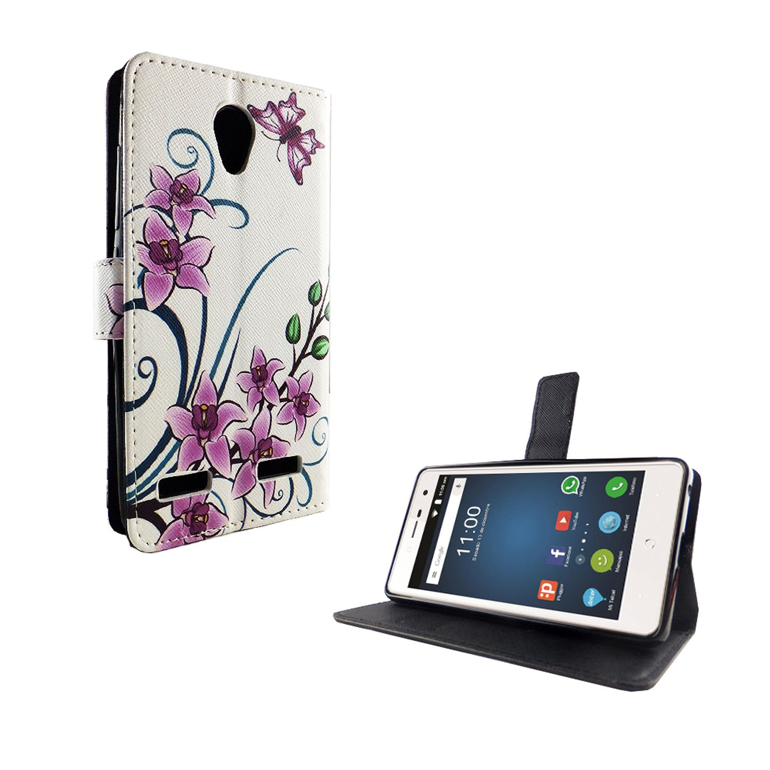 Handyhülle mit floralem Design. Telefon im Inneren, aufgeklappt. Weißer Hintergrund.