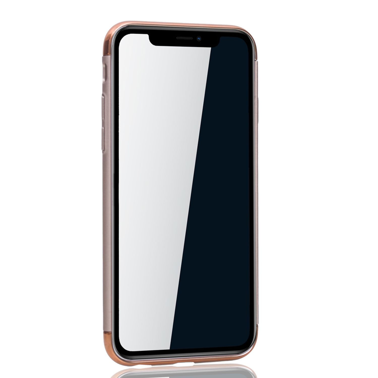 Ein Telefon in einer roségoldenen Hülle. Der Bildschirm ist leer. Der Hintergrund ist weiß.