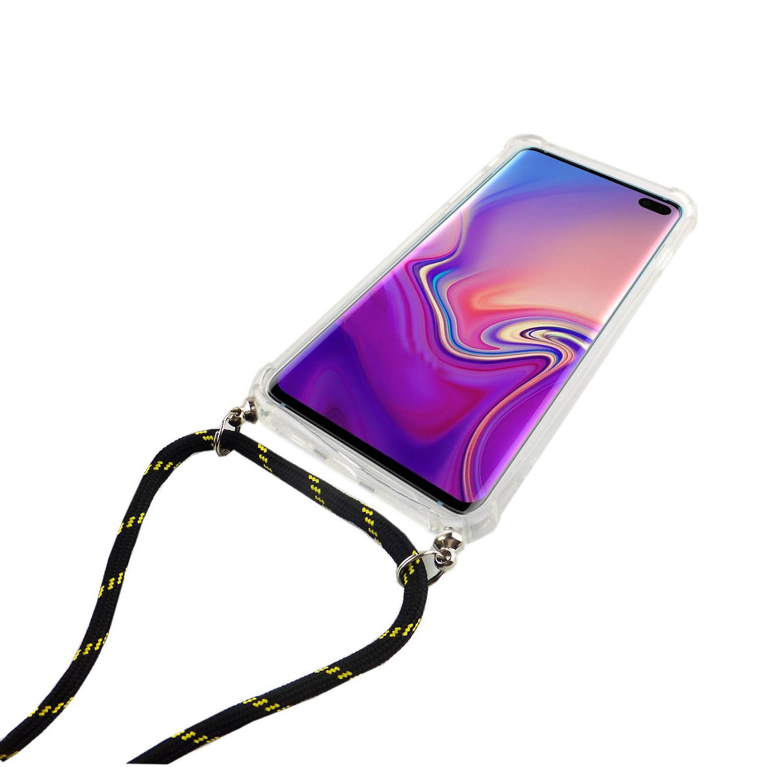 Ein Telefon mit transparentem Gehäuse und einem Umhängeband. Das Telefon ist angewinkelt und zeigt den Bildschirm.