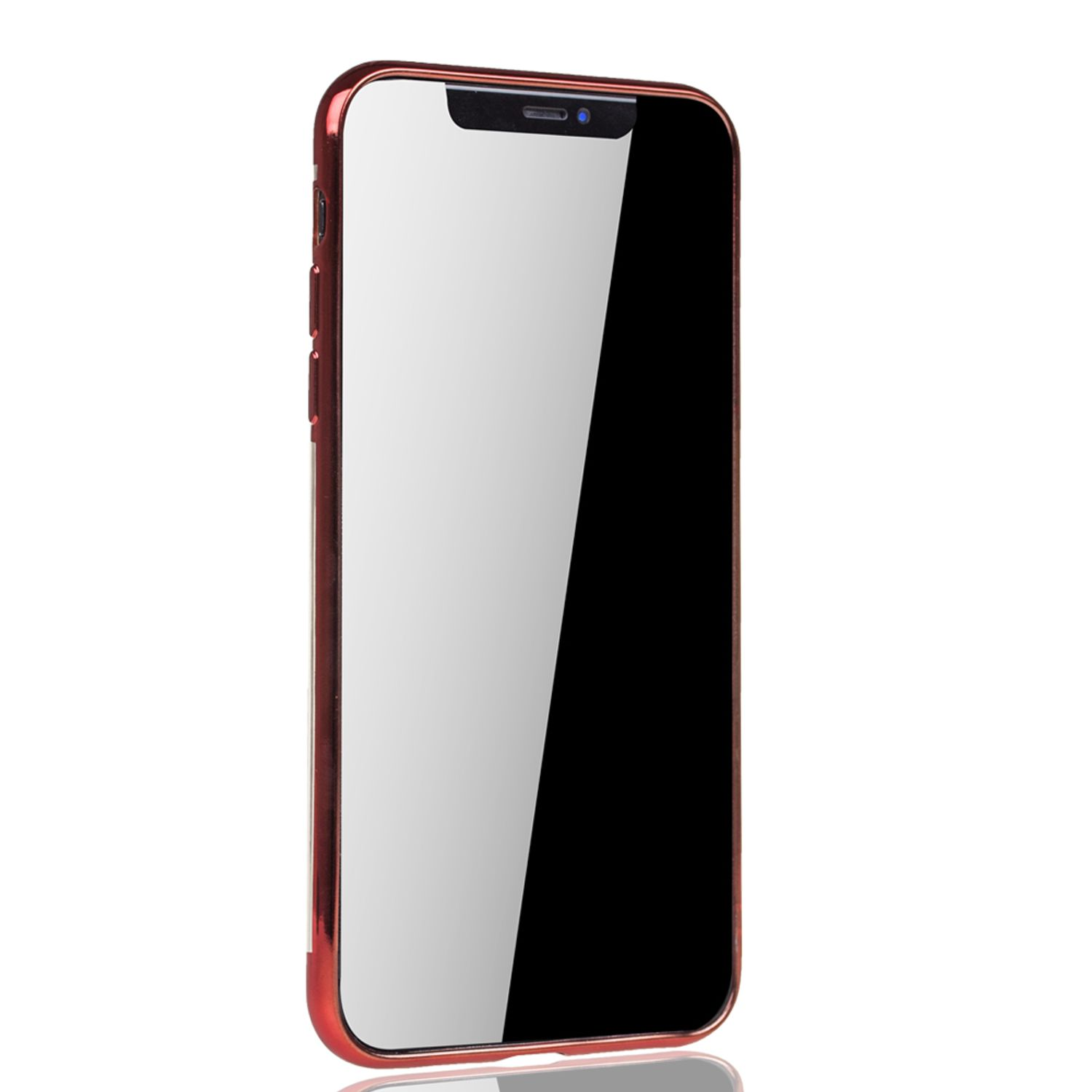 Rotes Telefon, glänzendes Finish, schwarzer Bildschirm, weißer Hintergrund.