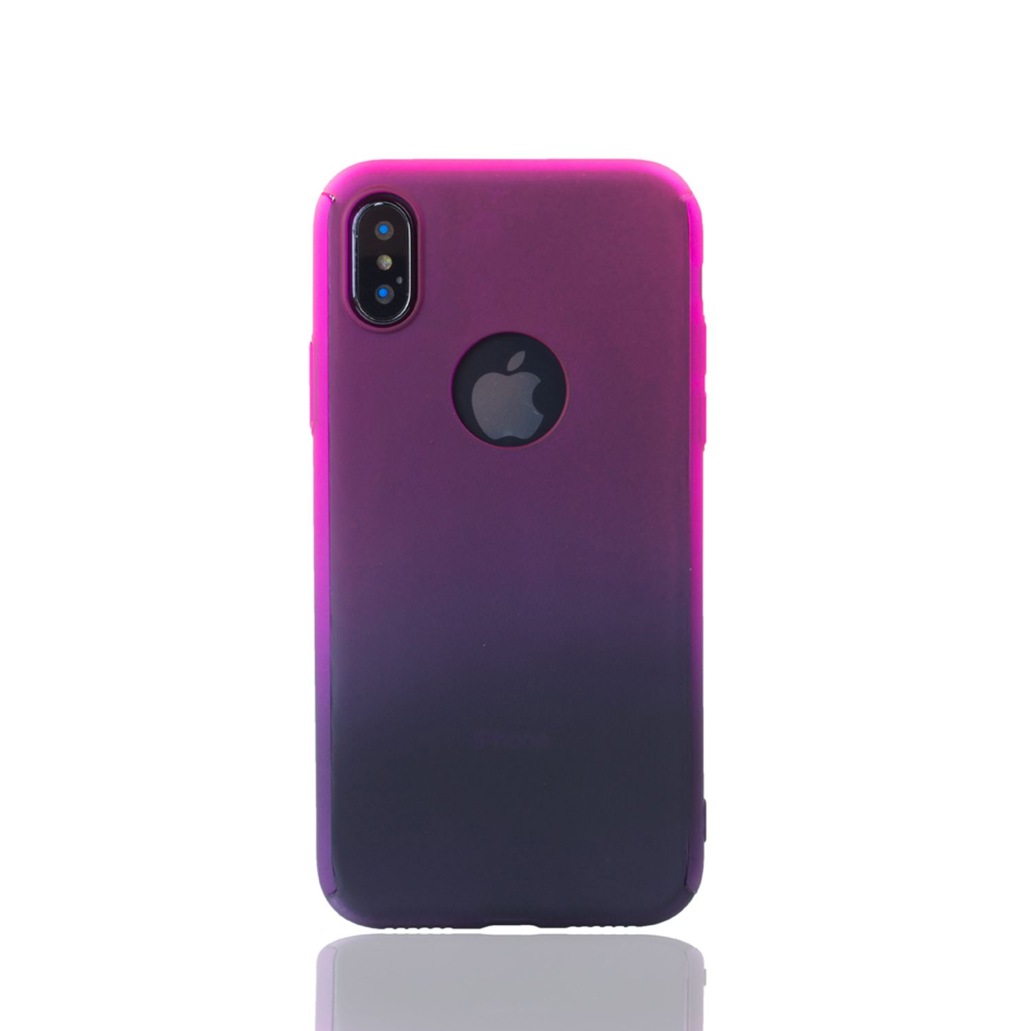Eine rosa-lila Handyhülle für ein iPhone mit Apple-Logo auf weißem Hintergrund.