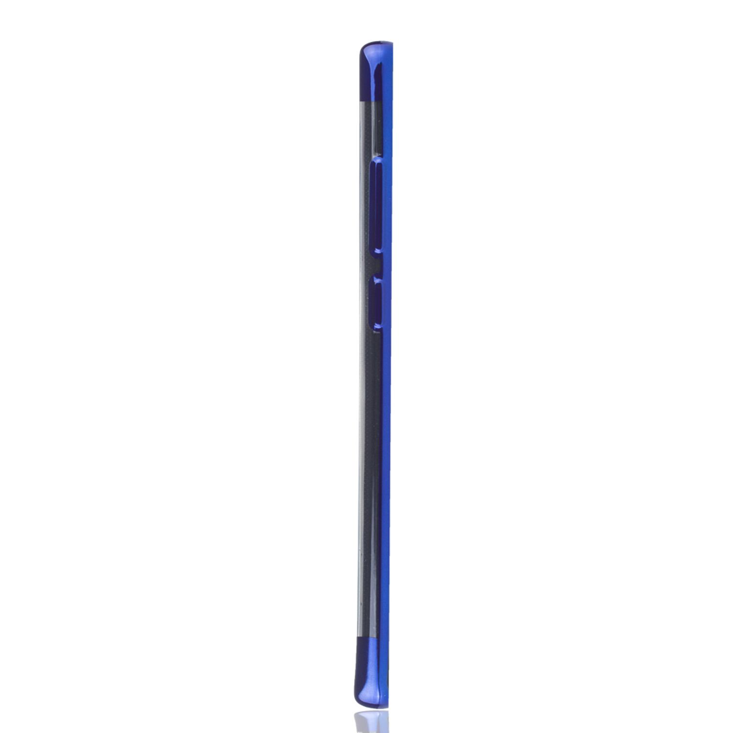 Blaue Telefon-Seitenansicht. Tasten an der Seite. Weißer Hintergrund. Schlanker und moderner Look.