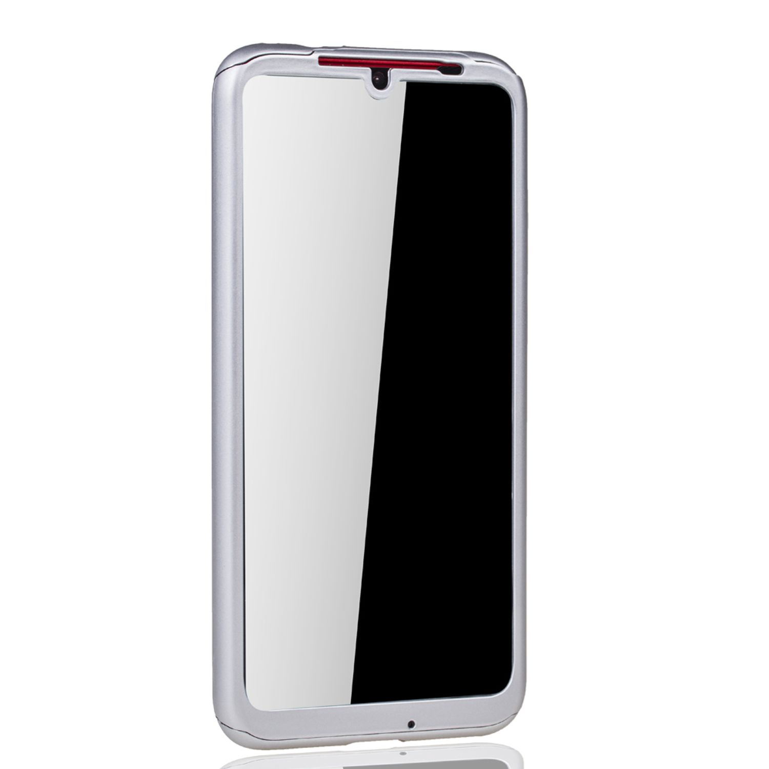 Ein Smartphone in einer silbernen Hülle mit schwarzem Bildschirm. Der Hintergrund ist weiß.