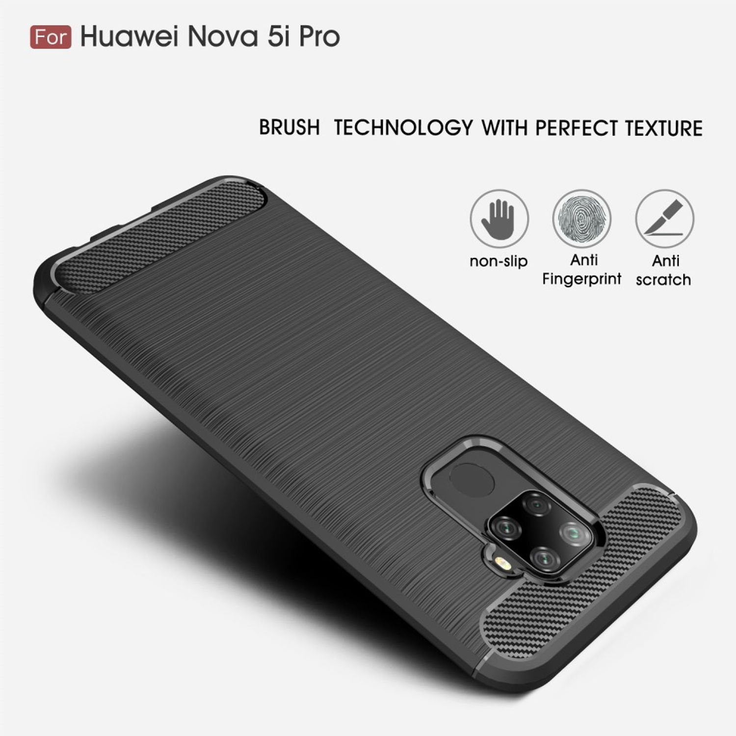 Schwarze Handyhülle mit Carbonfaserstruktur. Gekennzeichnet für Huawei Nova 5i Pro. Zeigt rutschfest, kratzfest.