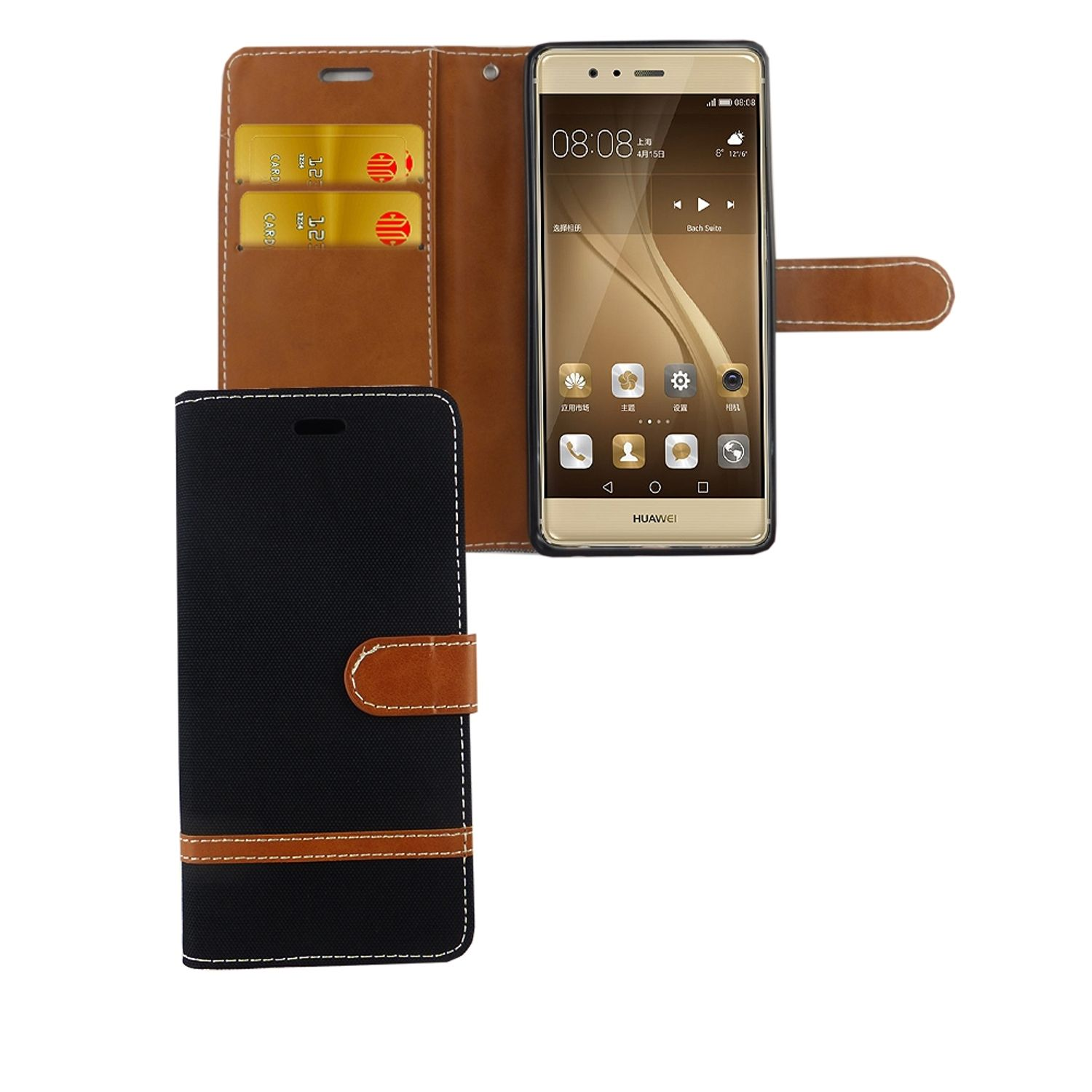 Schwarz-braune Handyhülle mit Telefon, das App-Bildschirm zeigt. Zwei goldene Karten. Weißer Hintergrund.