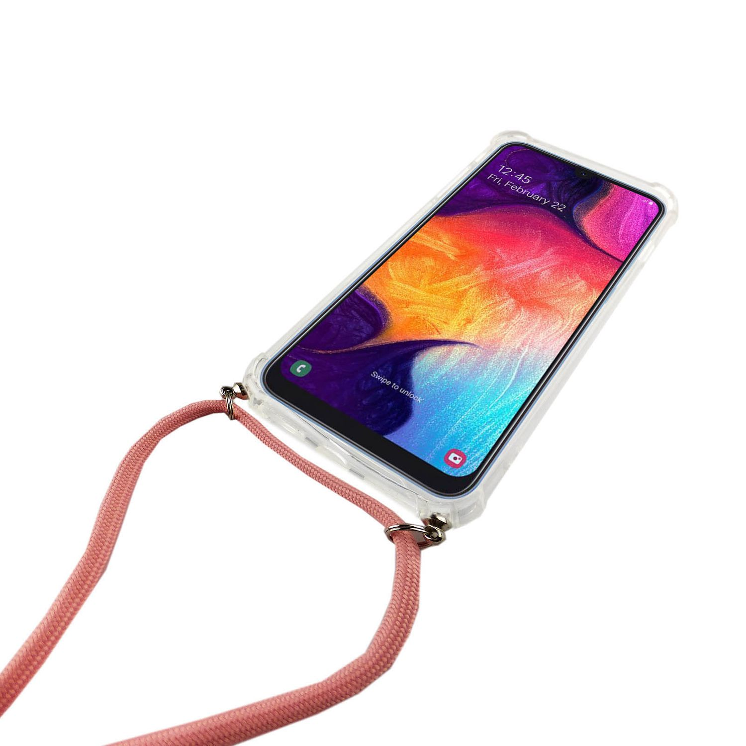 Eine transparente Handyhülle mit rosa Kordel. Das Telefon zeigt Zeit und Datum.