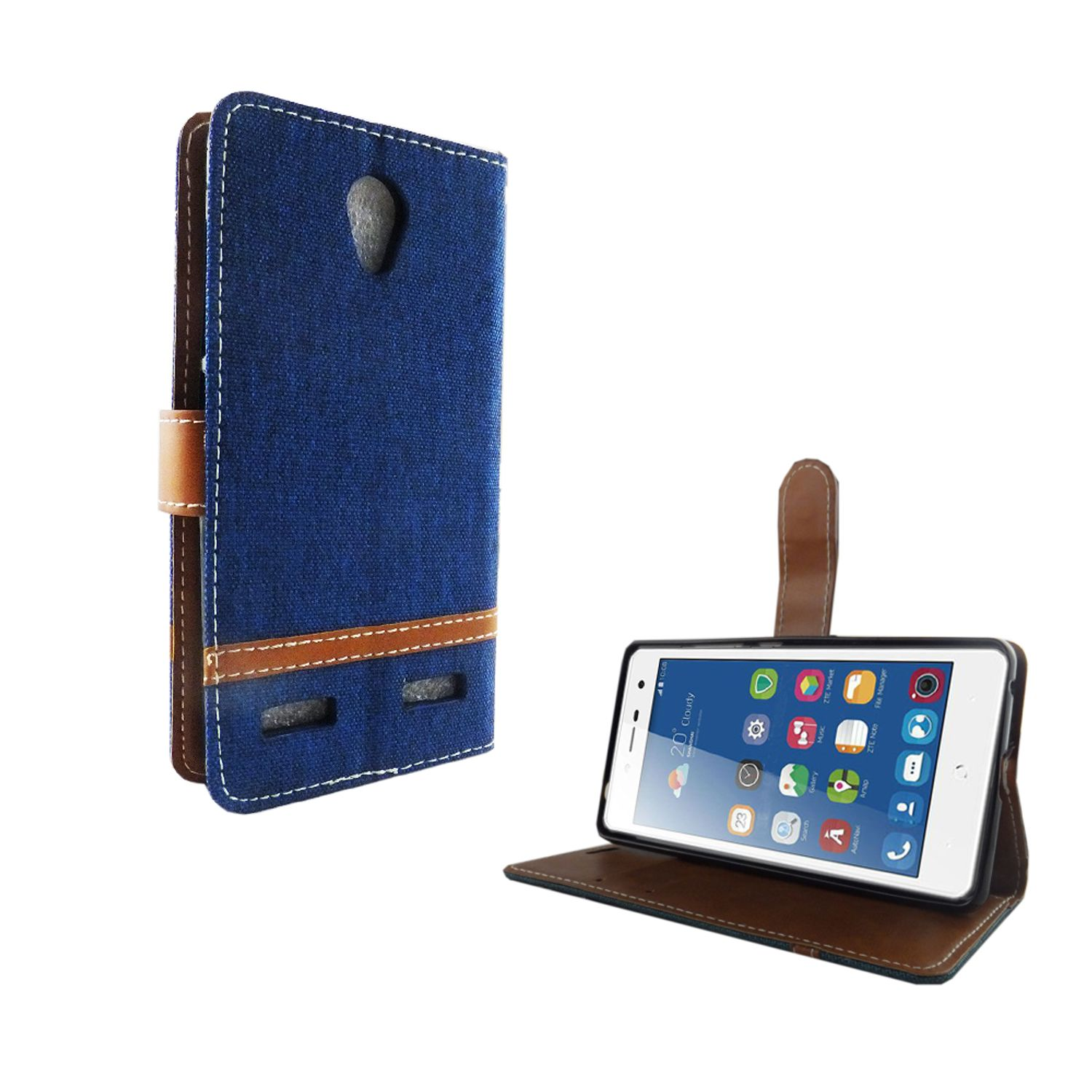 Telefon in geöffnetem Etui, Bildschirm sichtbar. Blauer Jeansstoff und braunes Leder.