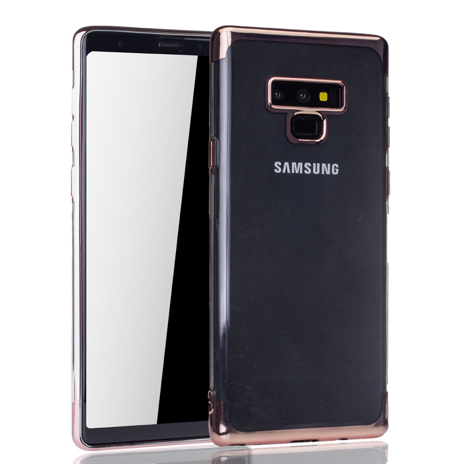 Samsung-Handyhülle mit schwarzer Rückseite und roségoldener Verkleidung auf weißem Hintergrund.