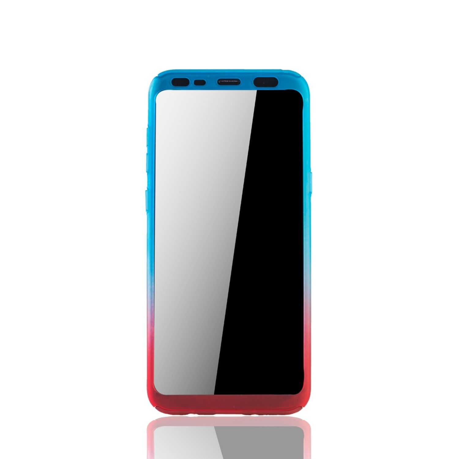 Smartphone mit Farbverlauf-Hülle. Übergang von Blau nach Rot auf weißem Hintergrund.