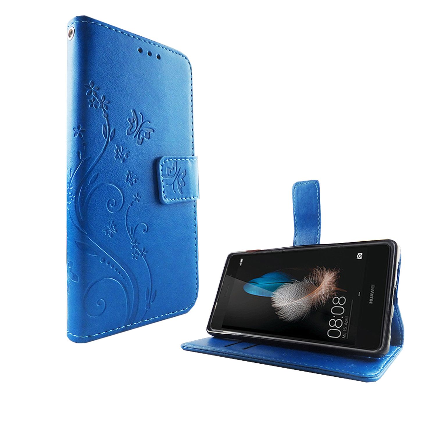 Blaue Handyhülle mit Telefon darin, weißer Hintergrund. Das Telefon zeigt eine Uhr.