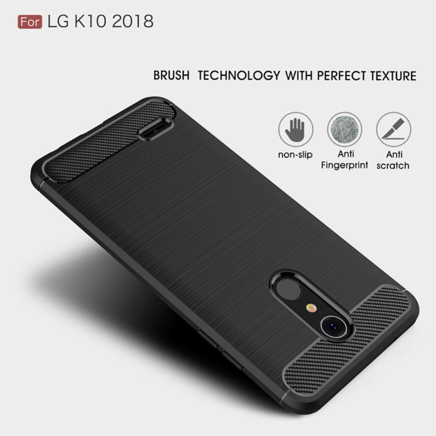 Schwarze Handyhülle mit strukturiertem Muster. Der Text oben lautet: Für LG K10 2018.