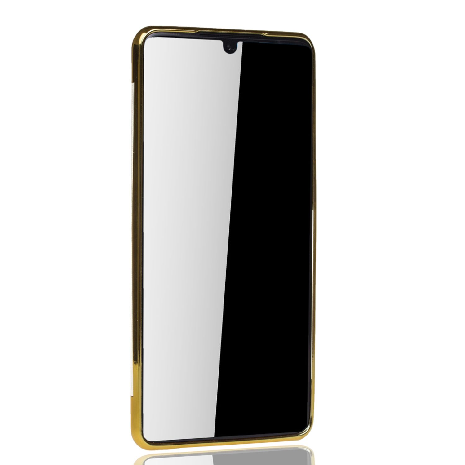 Goldene Handyhülle mit schwarzem Bildschirm. Reflektierende Oberfläche. Weißer Hintergrund.
