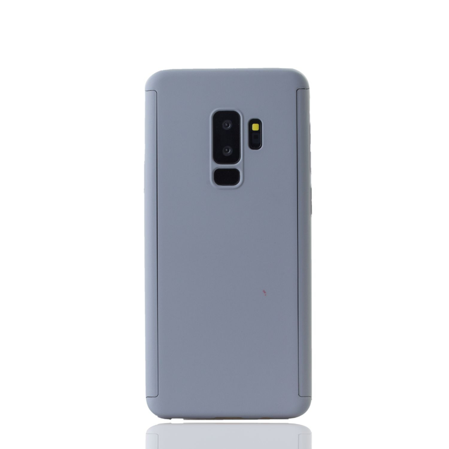 Eine graue Handyhülle mit einem Telefon darin. Das Telefon hat eine Kamera. Weißer Hintergrund.