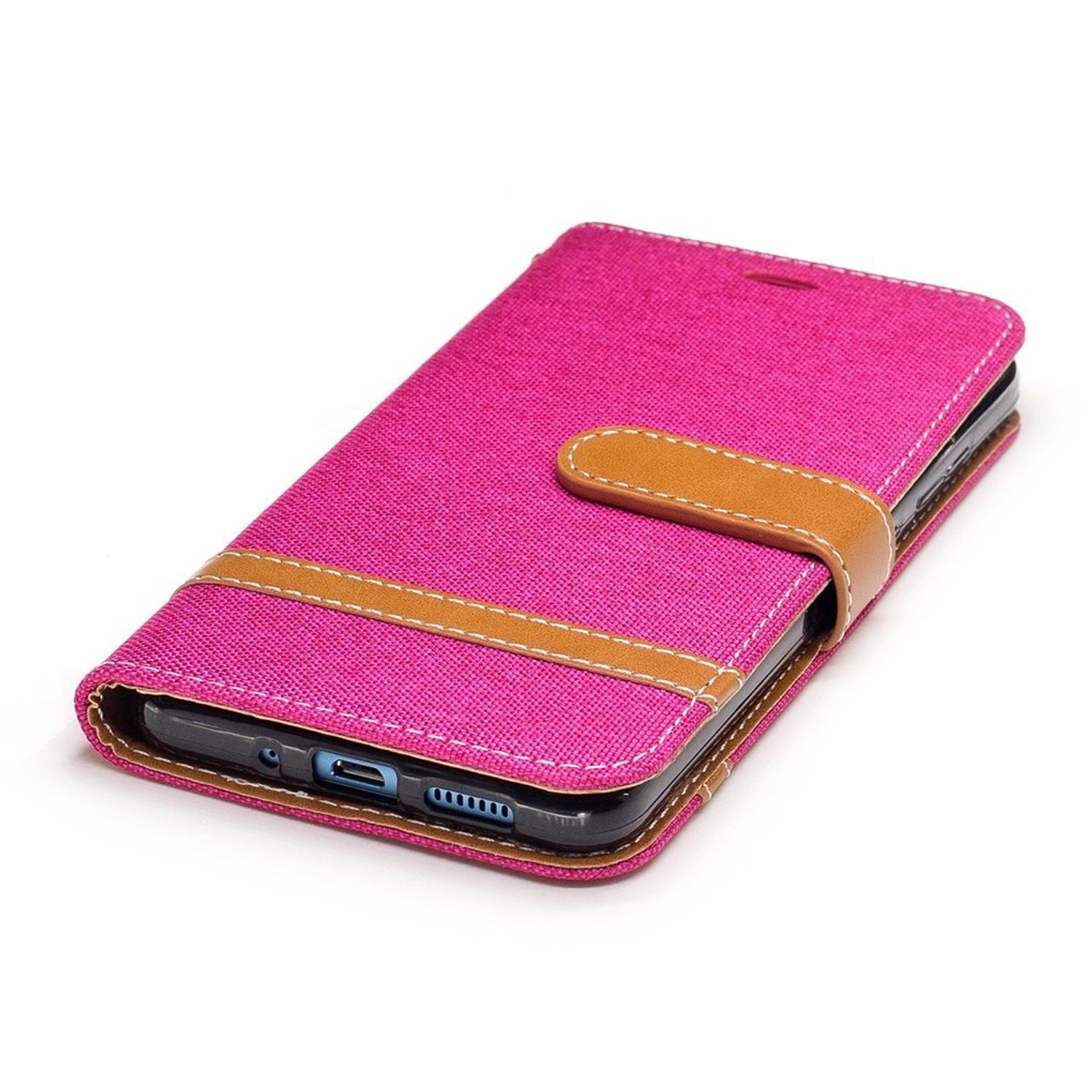 Rosa Handyhülle mit braunem Riemen. Telefon im Inneren. Weißer Hintergrund.