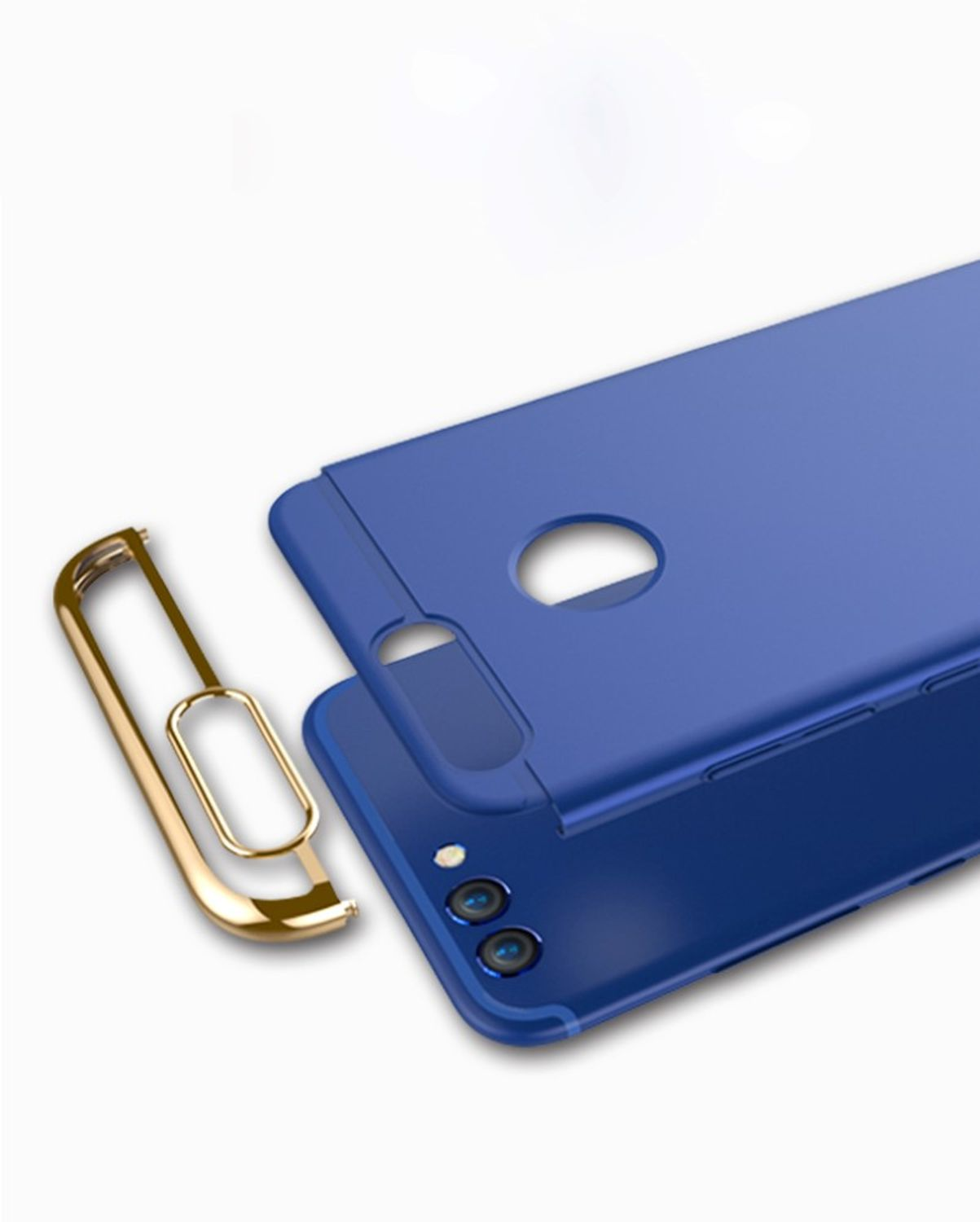 Blaue Handyhülle und goldener Rahmen, getrennt, zeigt das Design des Telefons.