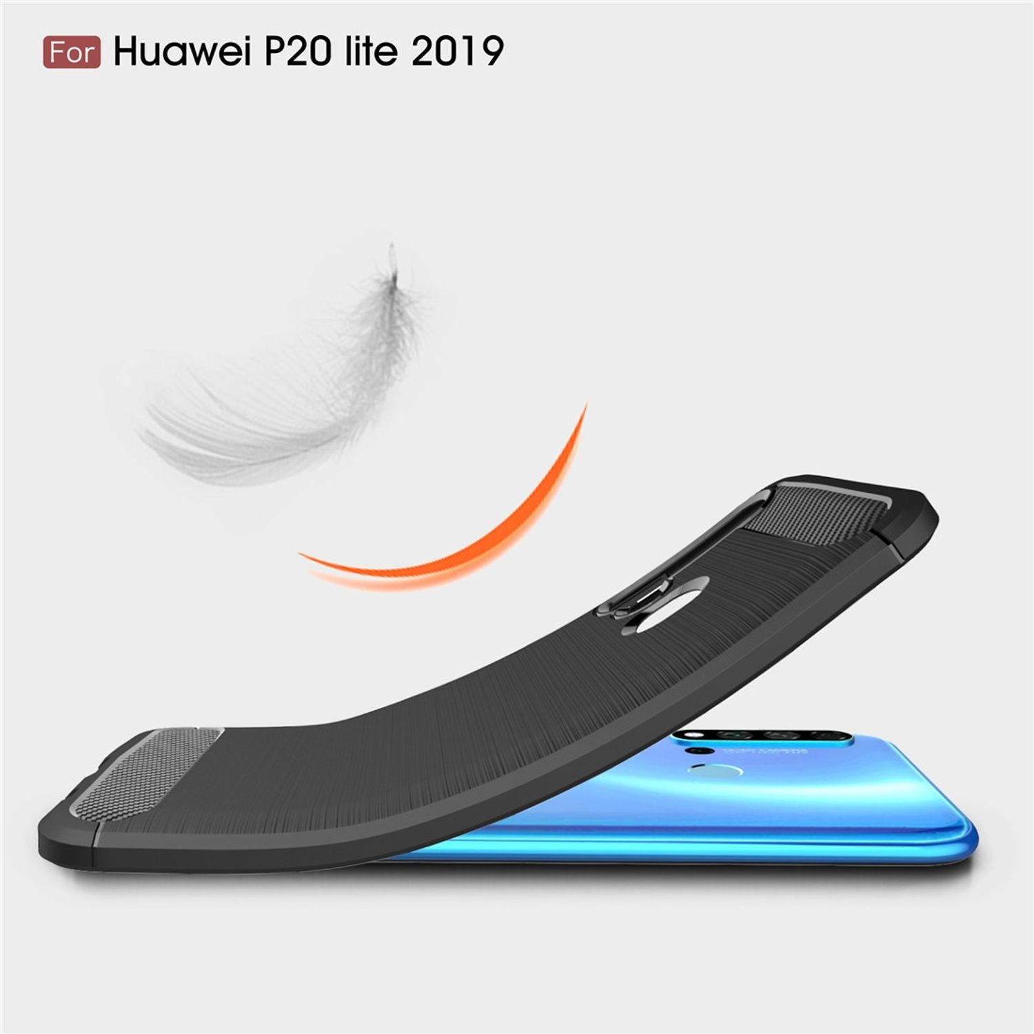 Schwarze Handyhülle mit Feder und orangefarbenem Bogen, darunter blaues Telefon.