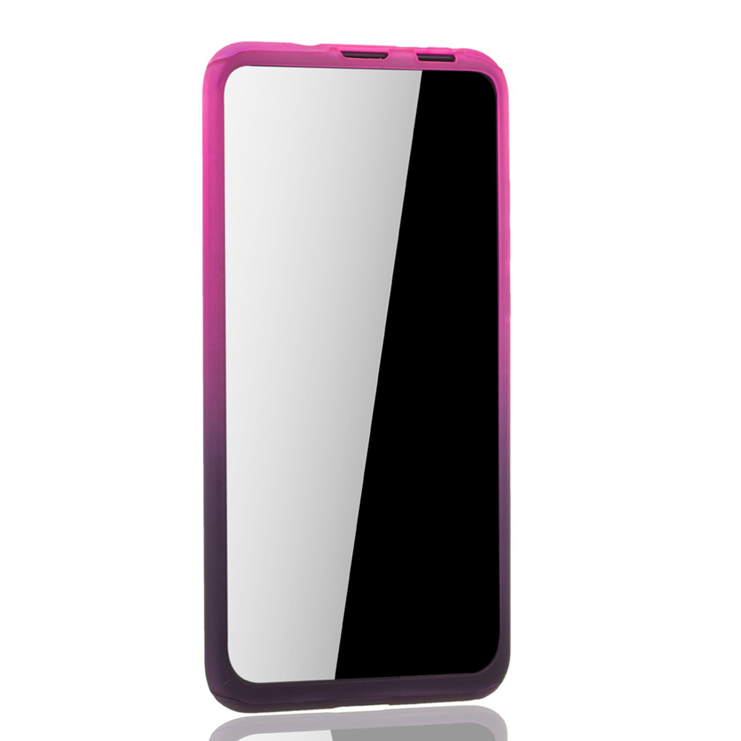 Handyhülle mit pink-lila Farbverlauf. Der Telefonbildschirm ist schwarz. Weißer Hintergrund.
