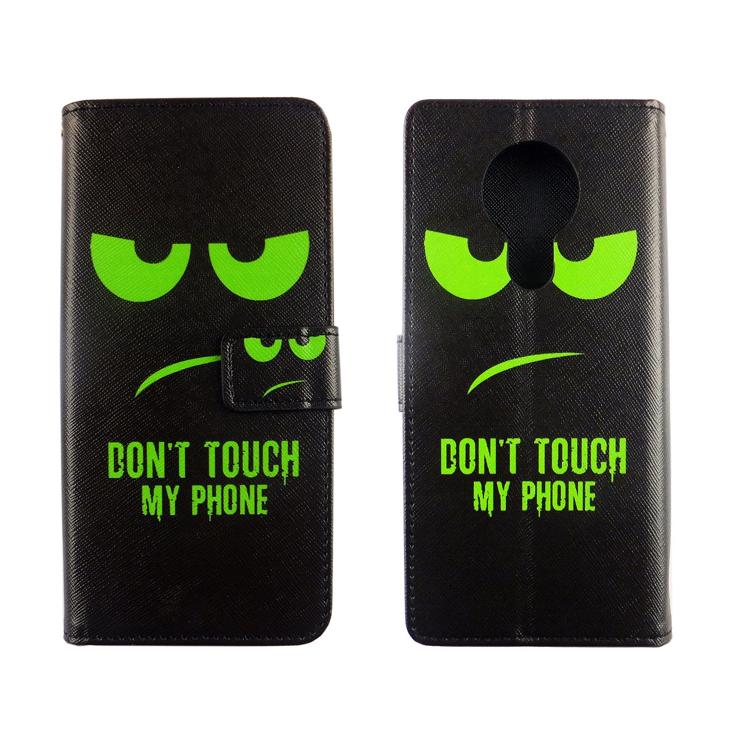 Schwarze Handyhülle mit zwei offenen Seiten. Grüne Augen auf der Vorderseite, Text: Nicht mein Telefon berühren.