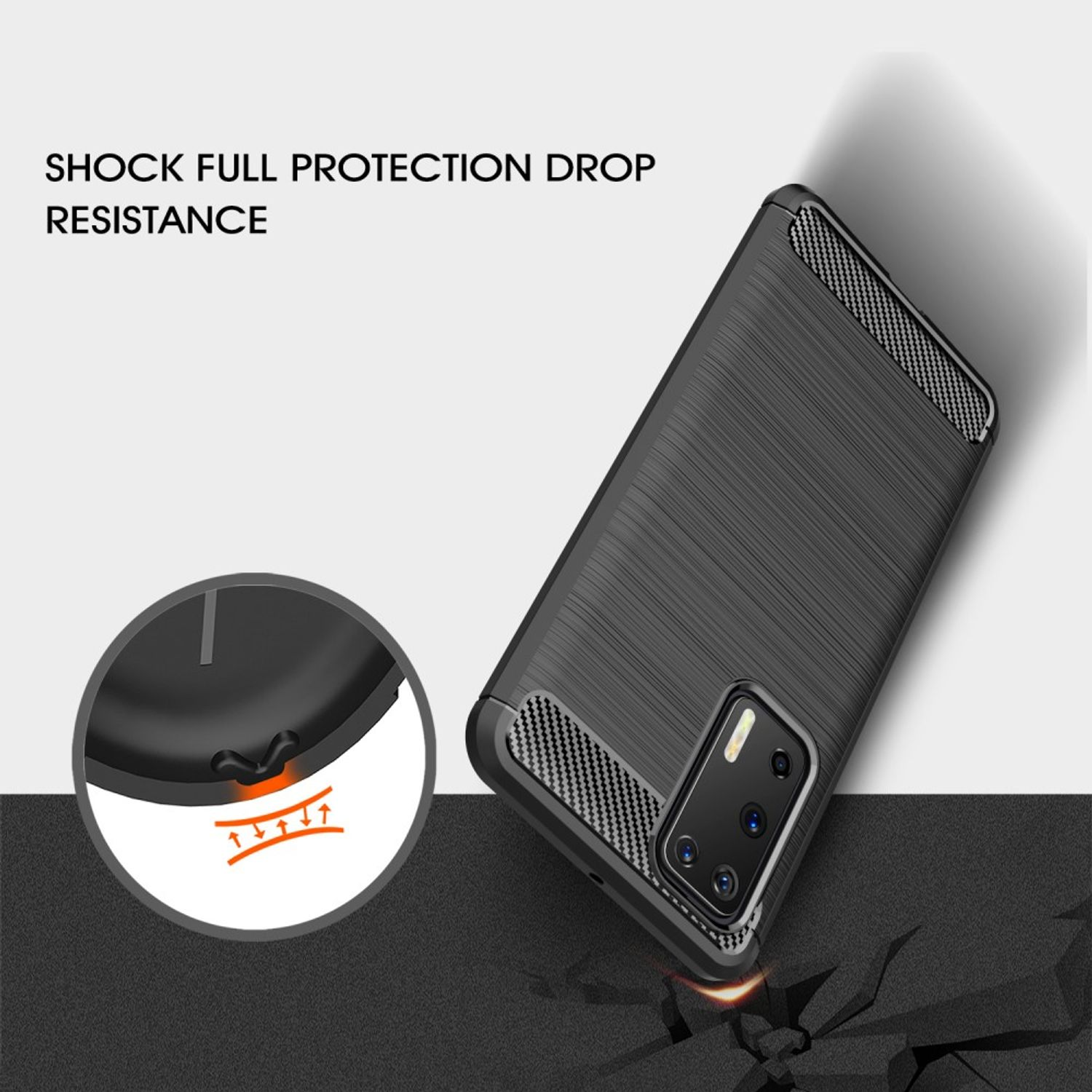 Schwarze Handyhülle mit strukturiertem Design, Telefon ist abgewinkelt, Pfeile zeigen auf die Hülle.