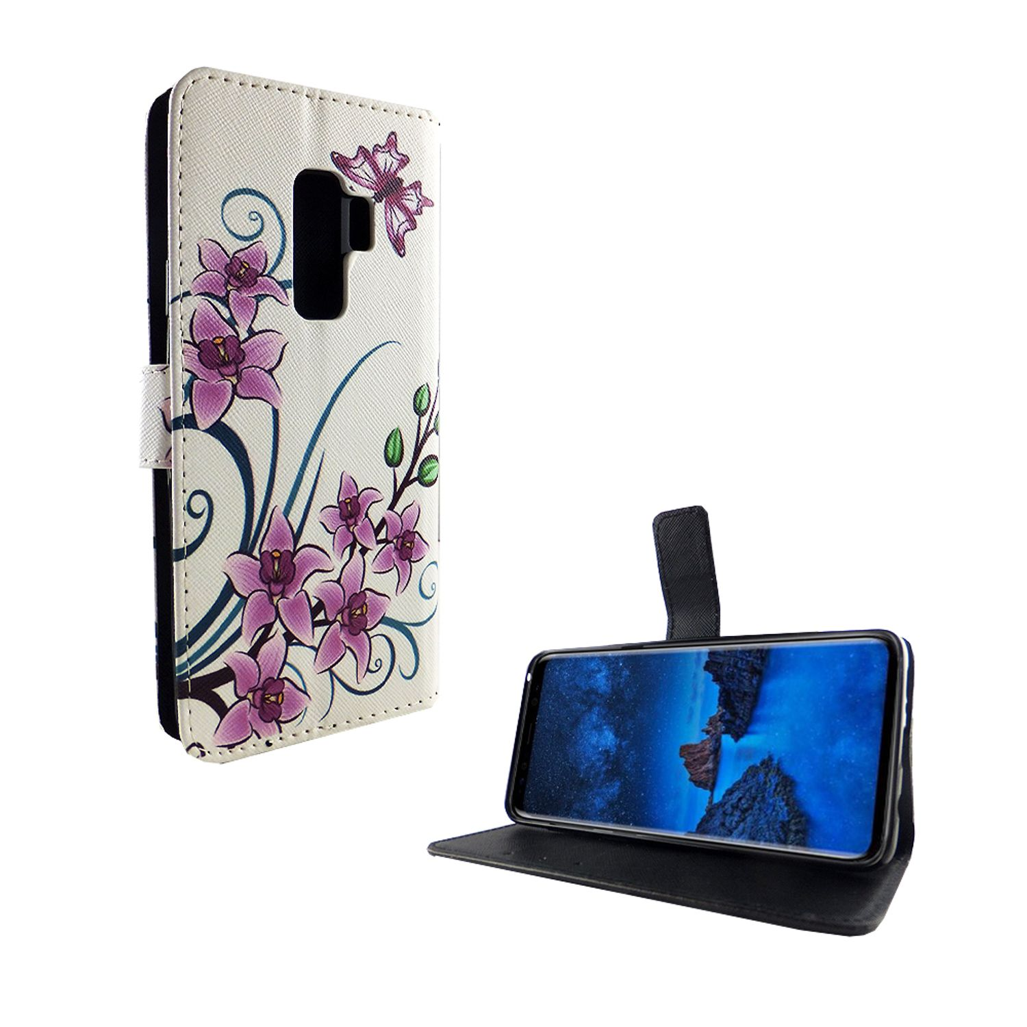 Ein Telefon in einer weißen Hülle mit lila Blumen und einem Schmetterling. Die Hülle ist offen.