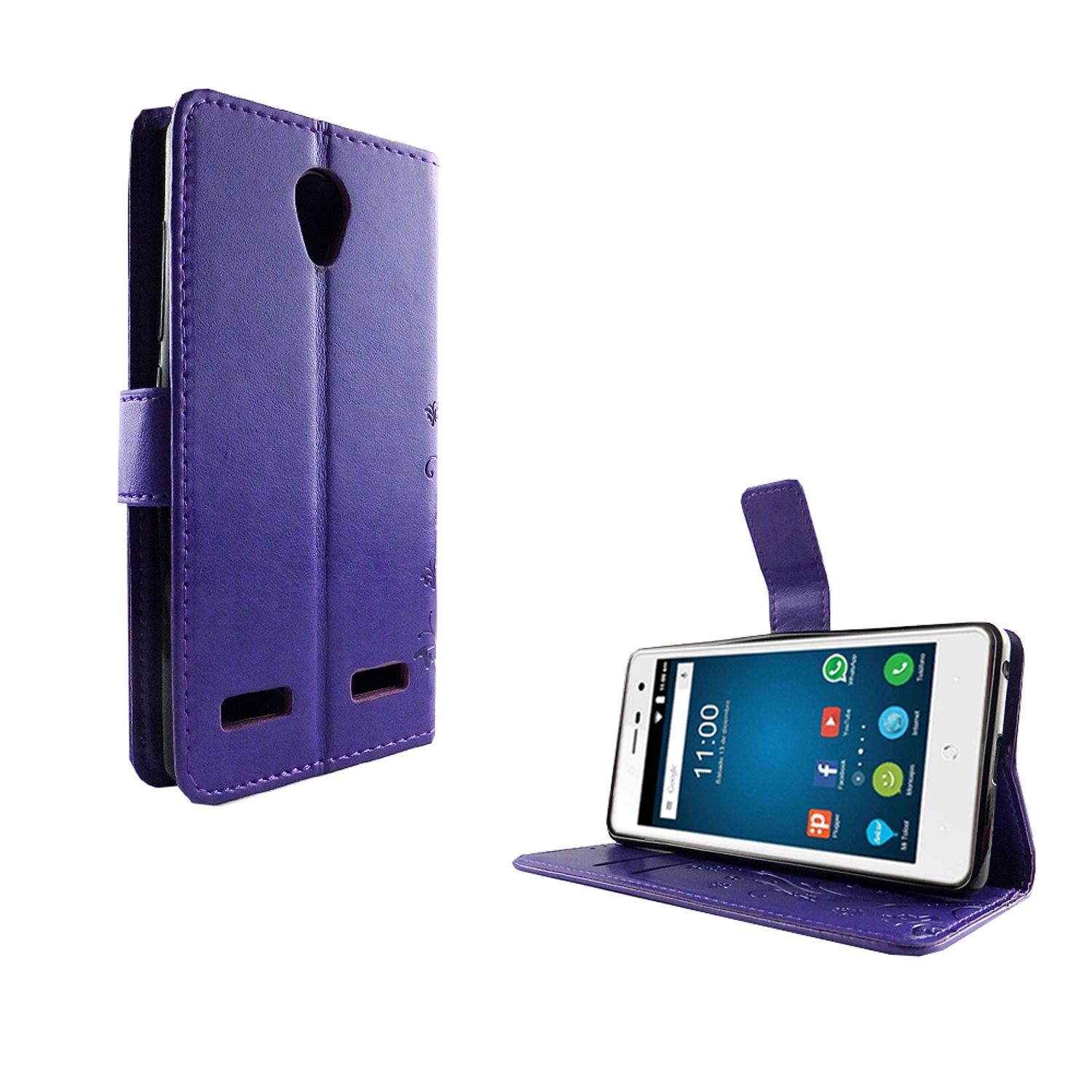 Lila Handyhülle, Telefon geöffnet. Telefon zeigt Apps. Hintergrund ist weiß.
