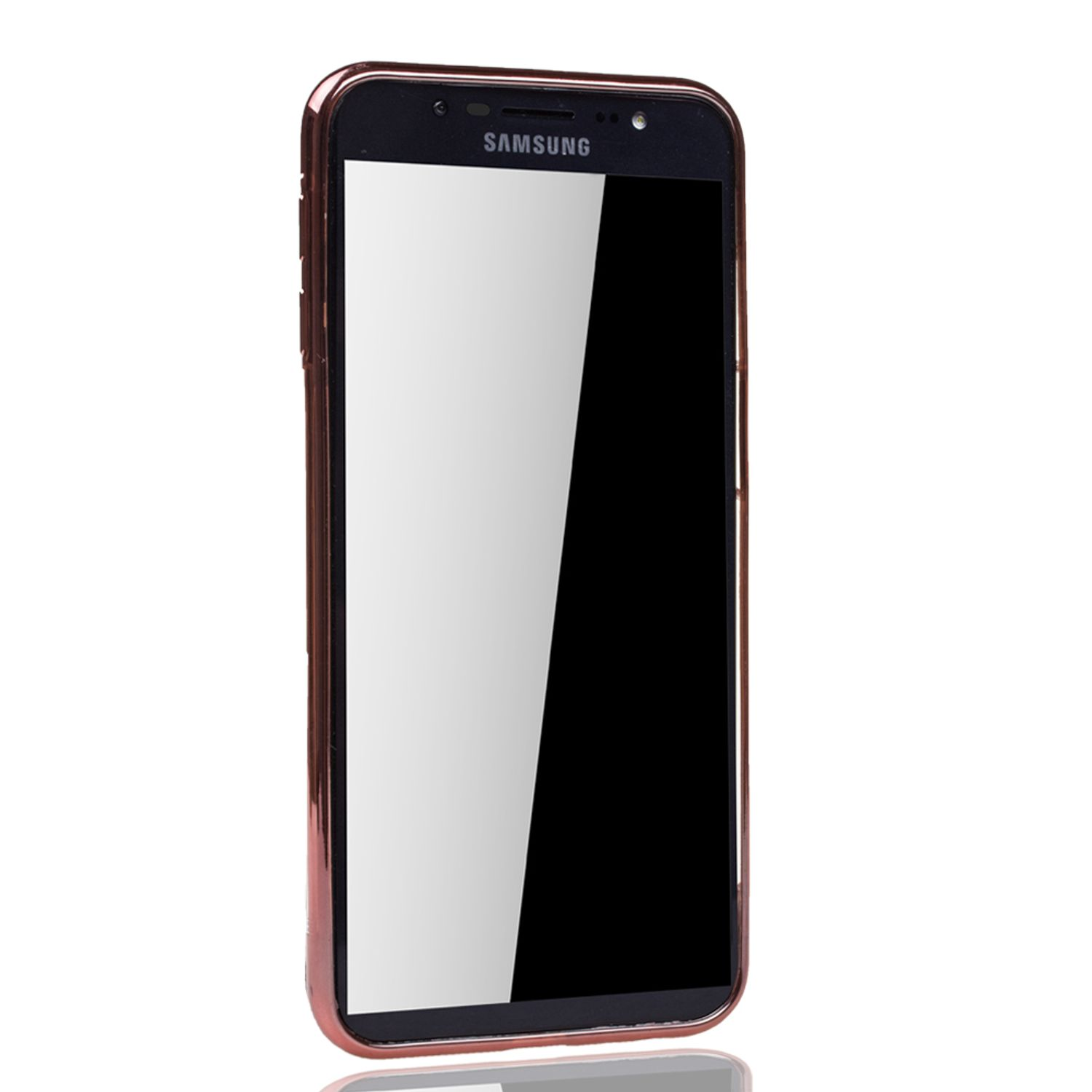 Ein schwarzes Telefon mit einem roségoldenen Gehäuse. Der Bildschirm ist schwarz und glänzend.