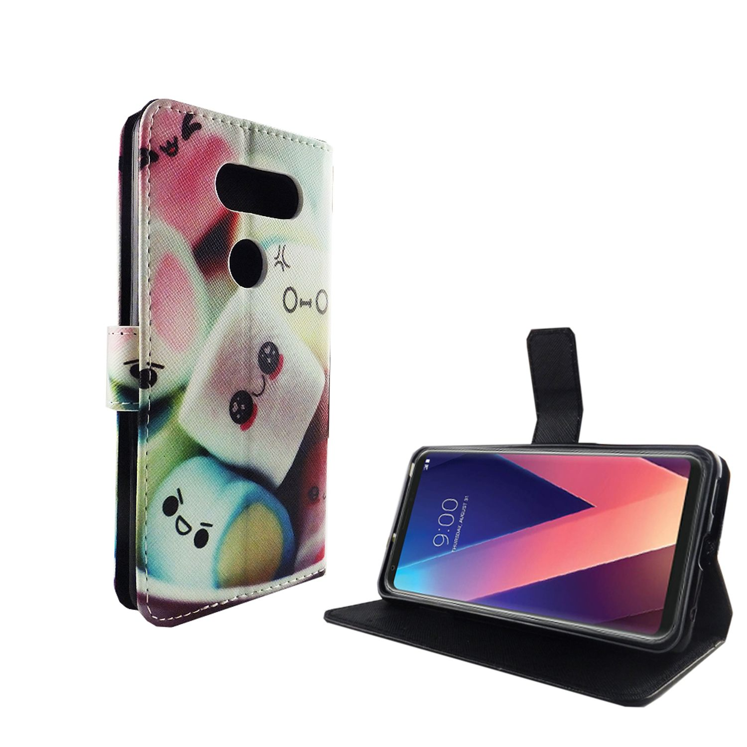 Handyhülle mit Marshmallow-Design und ein Telefon zeigt den Startbildschirm.