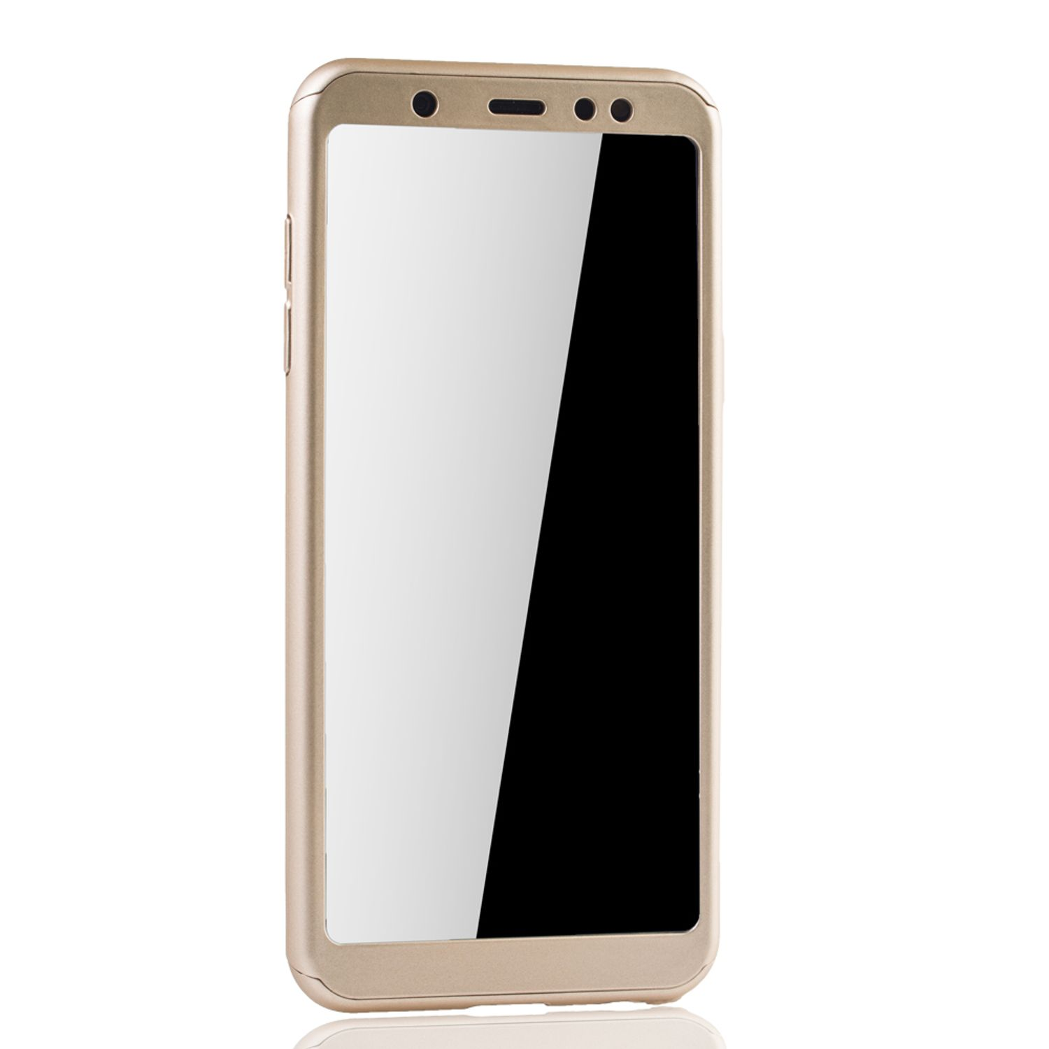 Smartphone in Goldfarbe mit schwarzem Bildschirm. Kamera und Lautsprecher sind sichtbar. Weißer Hintergrund.