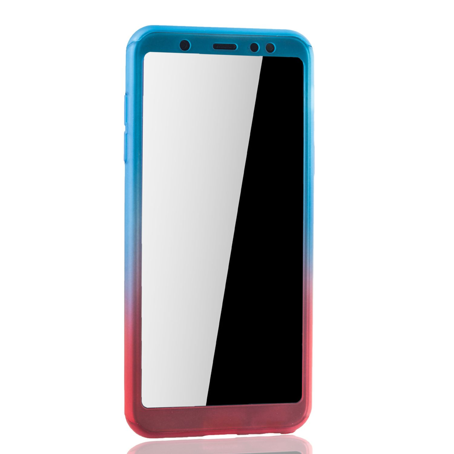 Ein Telefon in einer blau-roten Hülle. Der Bildschirm ist schwarz. Die Hülle vor weißem Hintergrund.