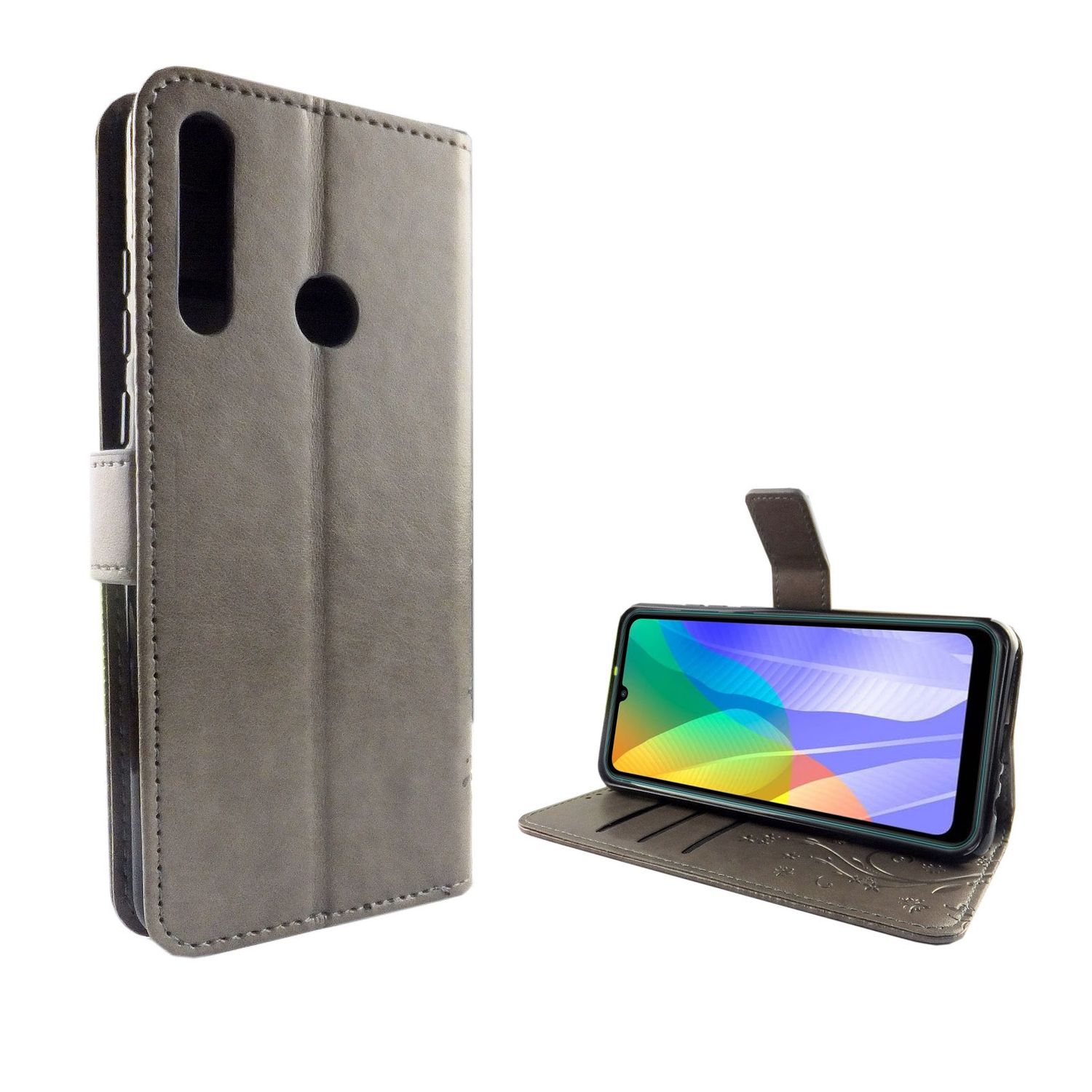 Eine graue Handyhülle mit einem Telefon darin. Der Telefondisplay zeigt eine farbenfrohe Oberfläche.